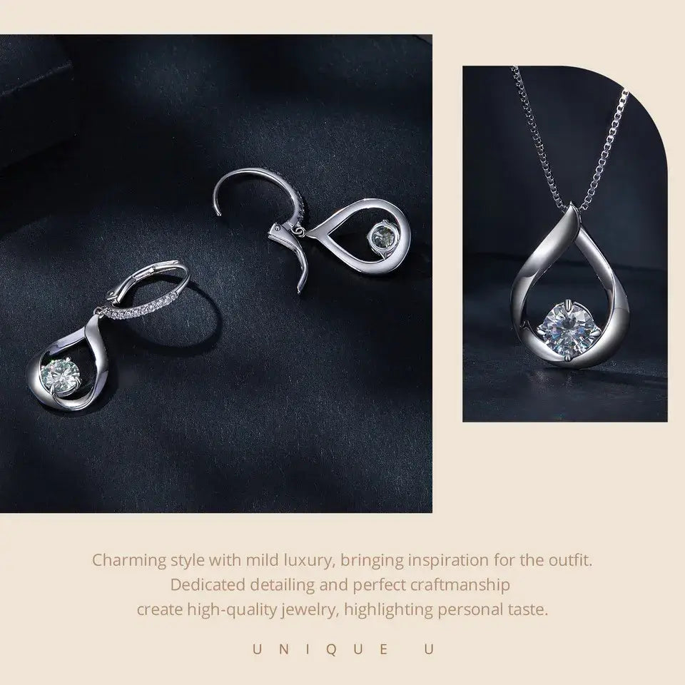 1CT Moissanite Waterdrop Necklace And Drop Earrings 925 Sterling Silver Wedding Bridal Jewelry Set