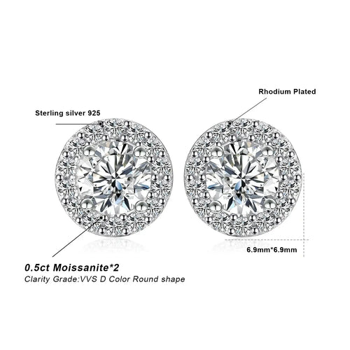 Boucles d'oreilles clous en moissanite ronde 1 carat, couleur D, avec halo, en argent sterling 925 plaqué