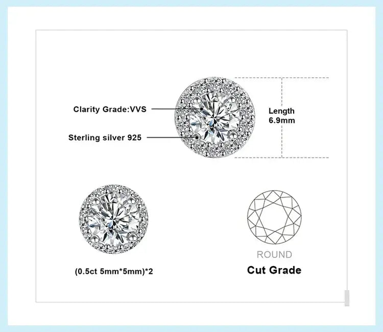 1ct Round D-Color Moissanite Halo Stud Earrings 925 Sterling Silver Plated