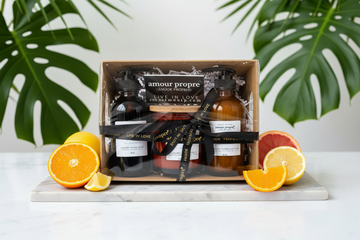 Amour Propre® LUX COLLECTION - Zitrus-Rosmarin Handseife, Handlotion, Sojakerze