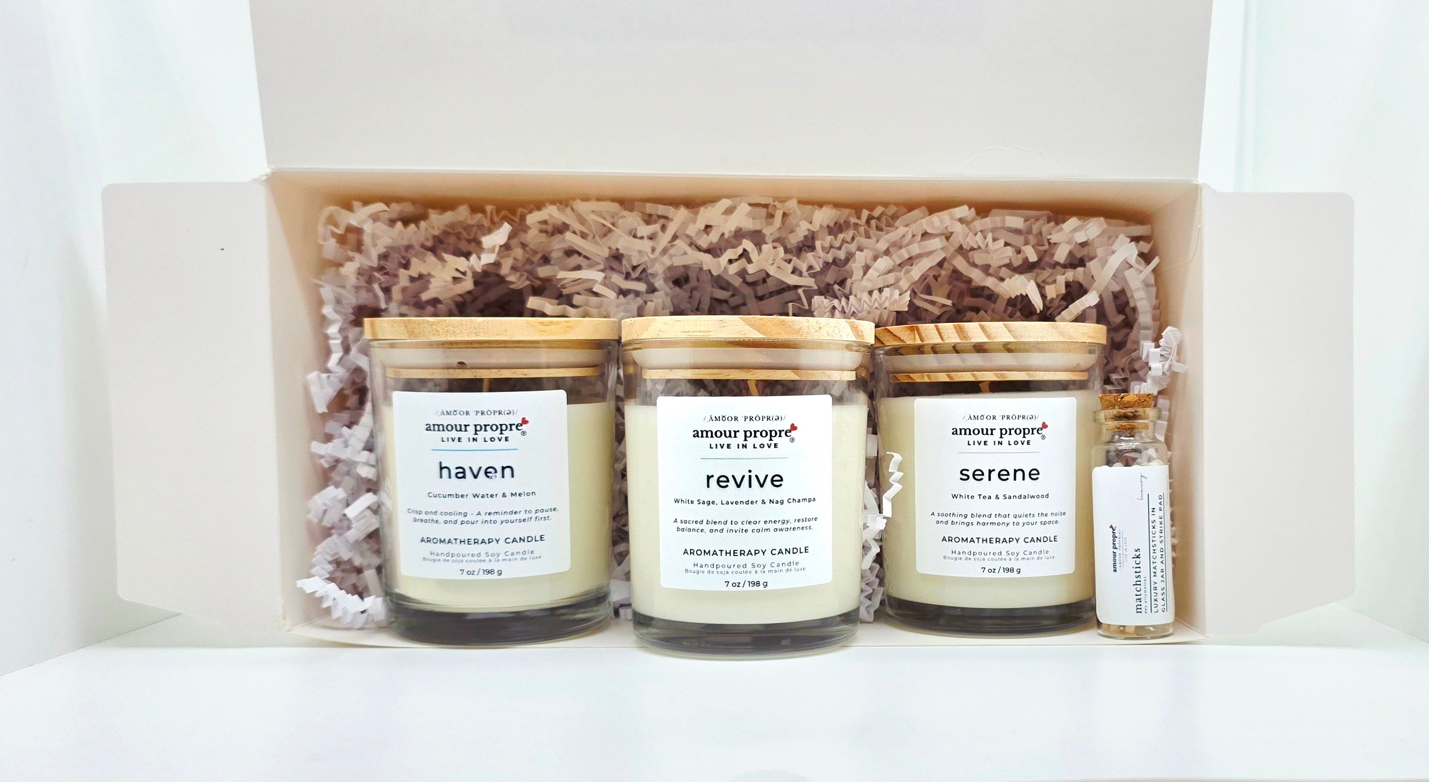 Amour Propre Aromatherapy-Kollektion Trio – Sojawachs-Kerzen Serene, Haven, Revive