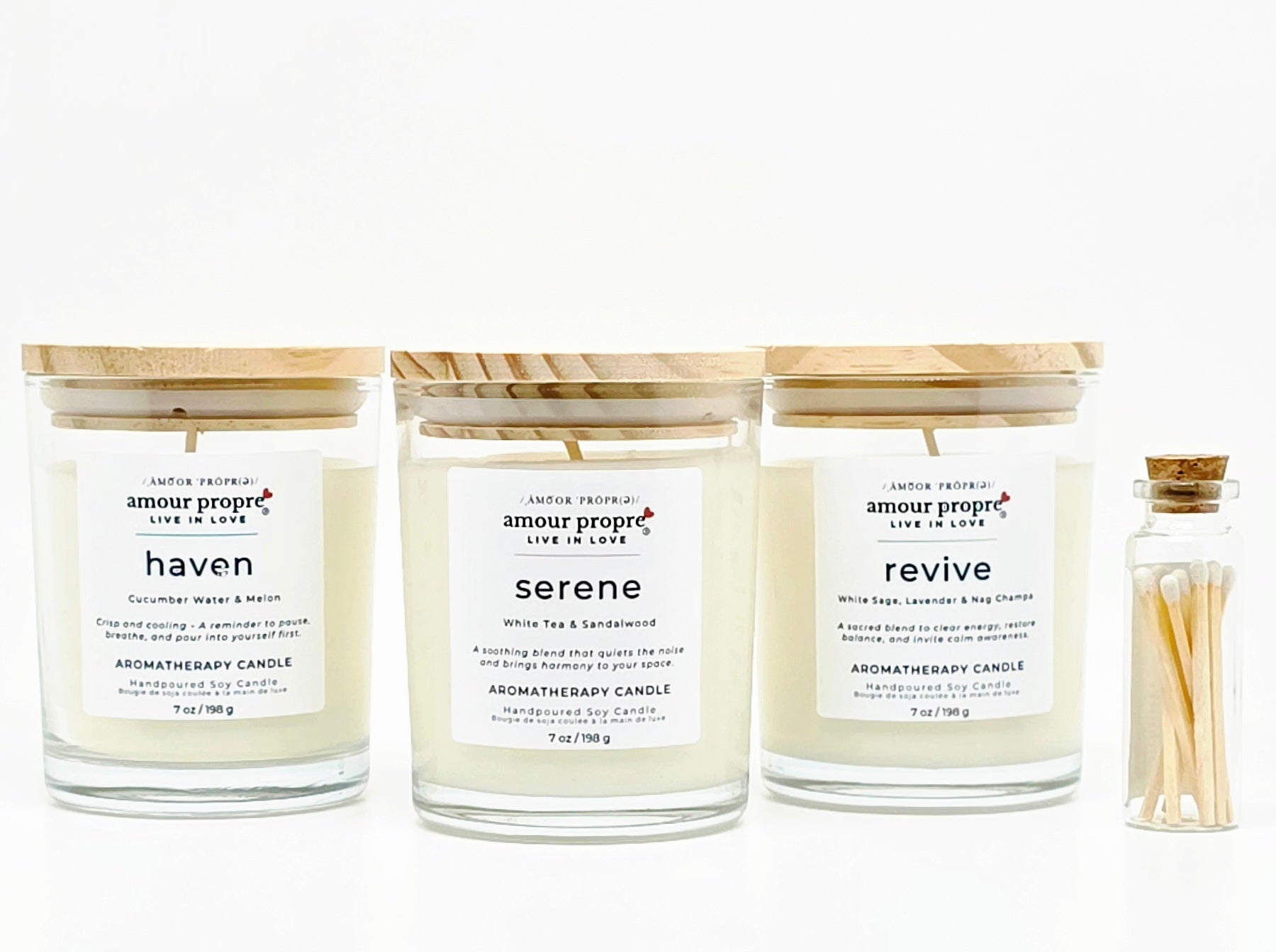 Amour Propre Aromatherapy-Kollektion Trio – Sojawachs-Kerzen Serene, Haven, Revive