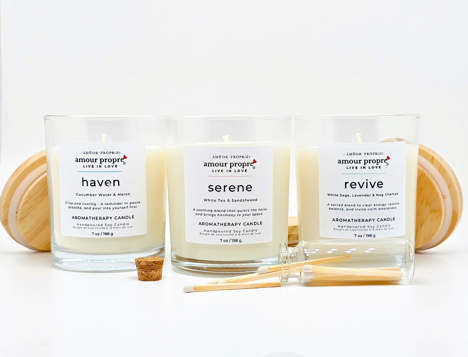 Amour Propre Aromatherapy-Kollektion Trio – Sojawachs-Kerzen Serene, Haven, Revive