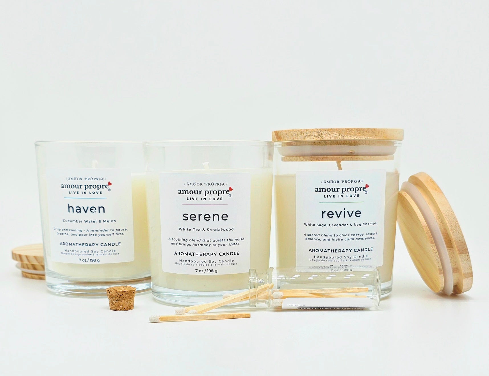 Amour Propre Aromatherapy-Kollektion Trio – Sojawachs-Kerzen Serene, Haven, Revive