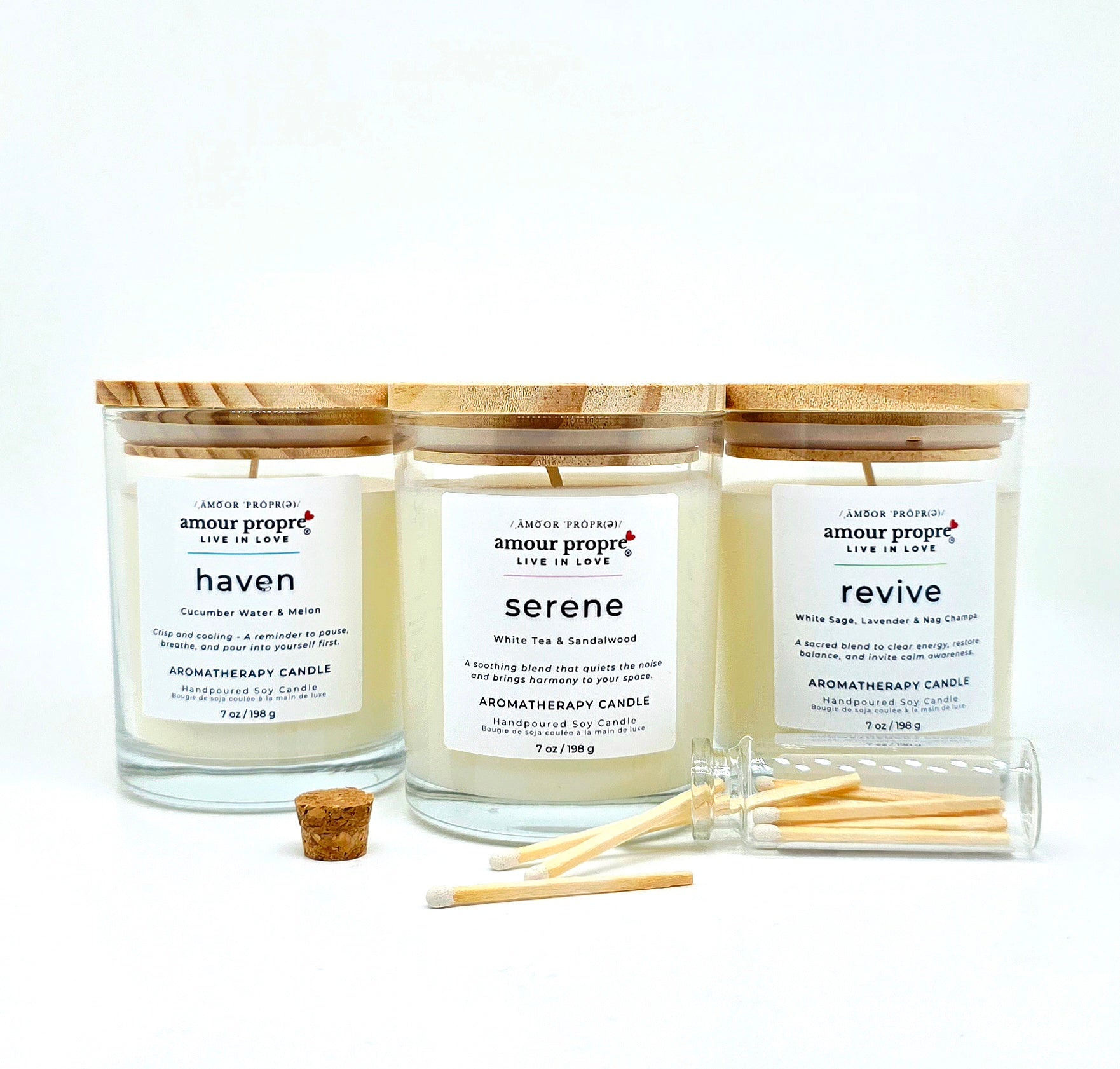 Amour Propre Aromatherapy-Kollektion Trio – Sojawachs-Kerzen Serene, Haven, Revive