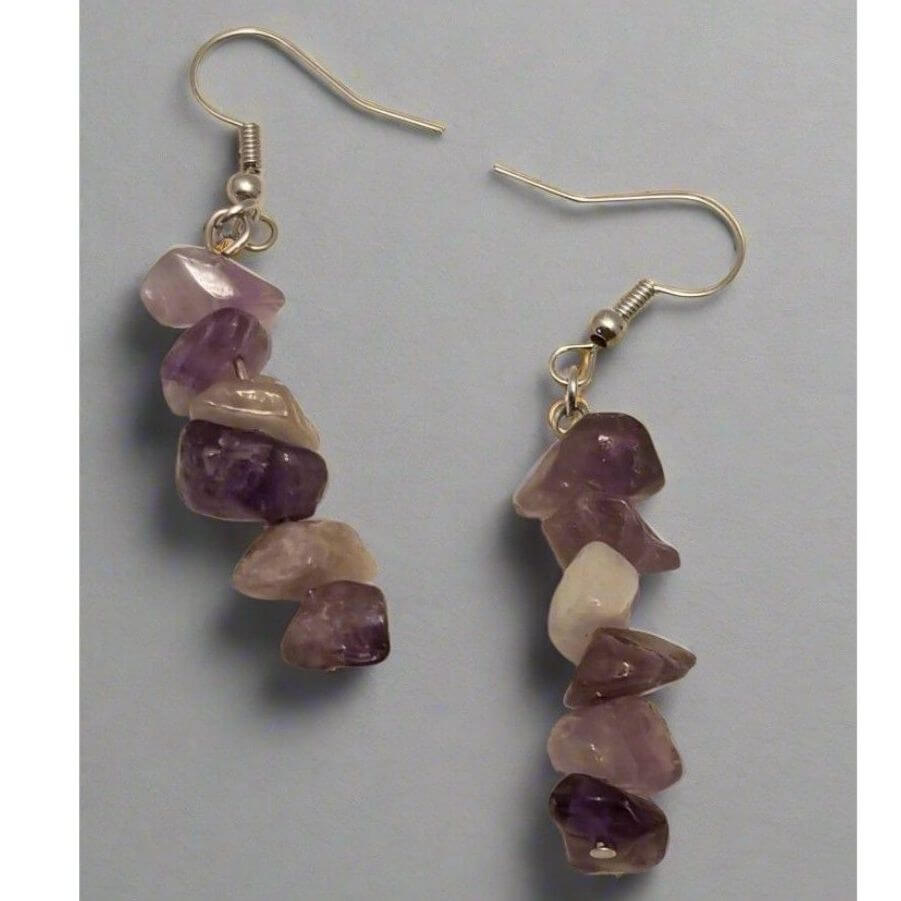 handmade amethyst chip dangle earrings with natural purple gemstone chips on silver hooks