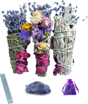 3 Pack 8.5" Sage Smudge Kit with Flowers Smudge Sticks California White Sage White Sage Cedar Selenite Amethyst for Home Religion Energy Spiritual Cleansing Blessing