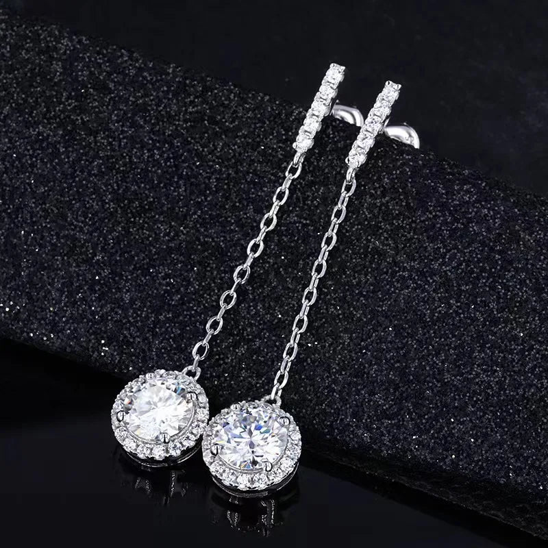 Boucles d'oreilles pendantes rondes à pampilles en argent sterling 925 et moissanite 1 carat pour femme