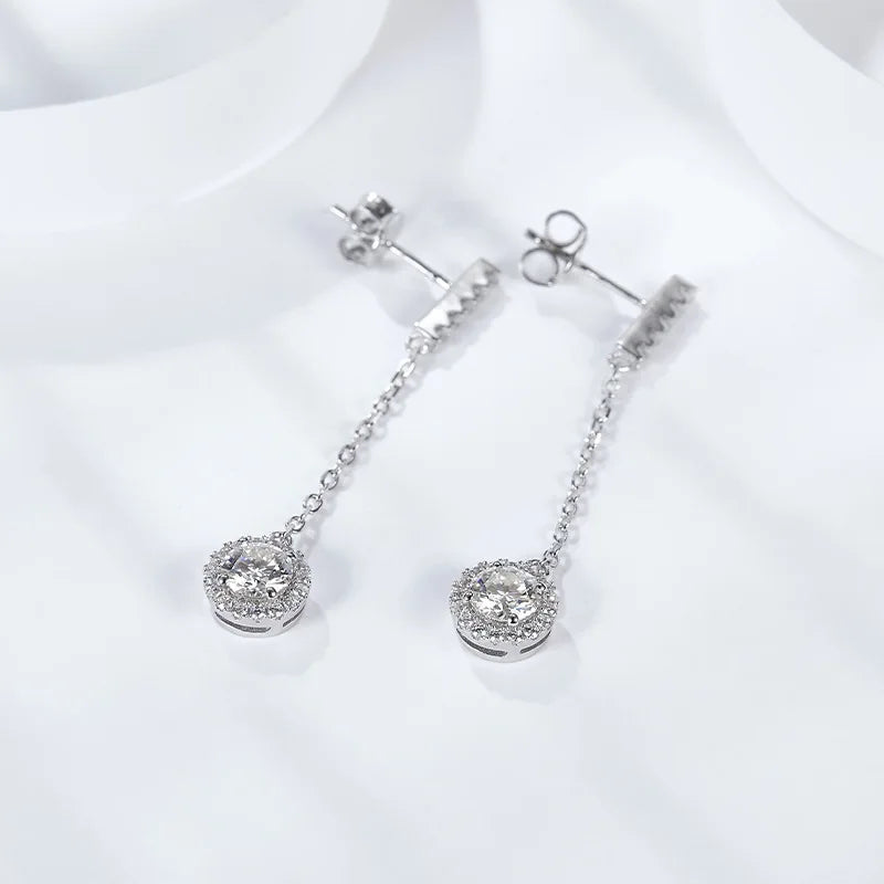 Boucles d'oreilles pendantes rondes à pampilles en argent sterling 925 et moissanite 1 carat pour femme