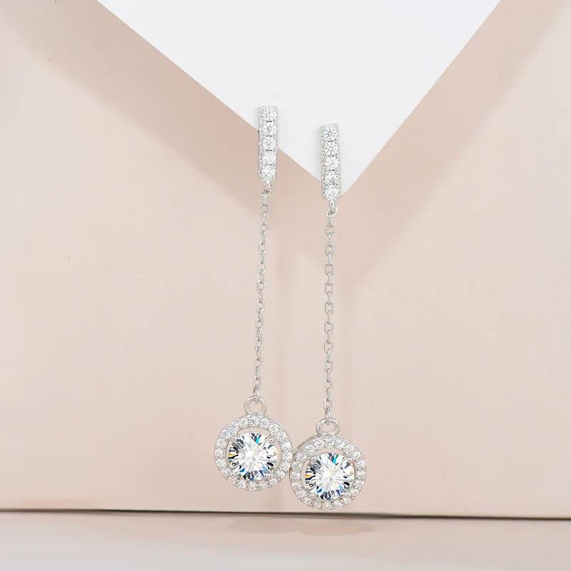 Boucles d'oreilles pendantes rondes à pampilles en argent sterling 925 et moissanite 1 carat pour femme