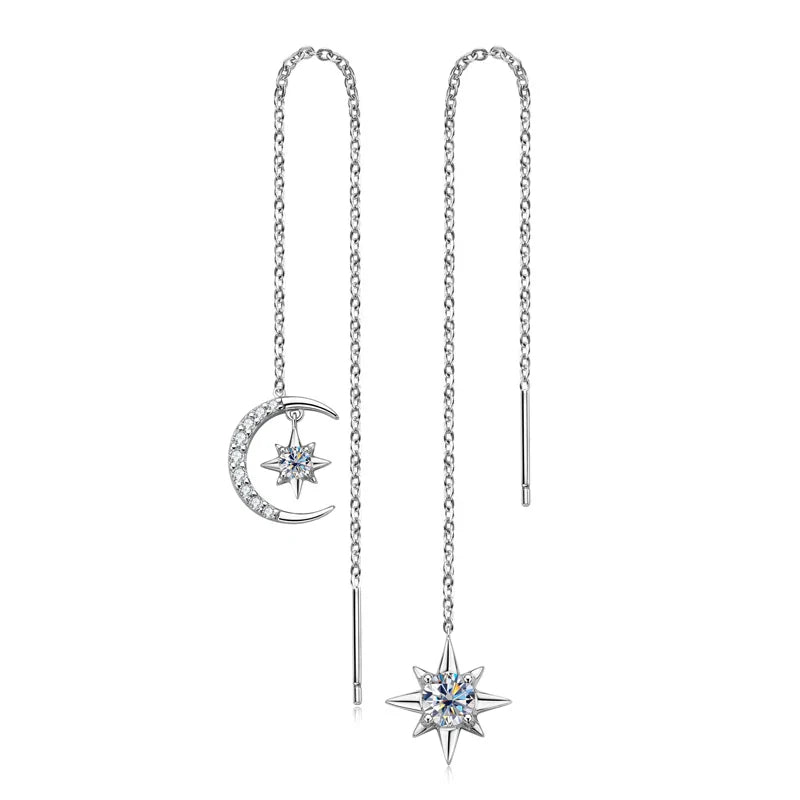 Boucles d'oreilles pendantes asymétriques étoile et lune en argent sterling 925 et moissanite