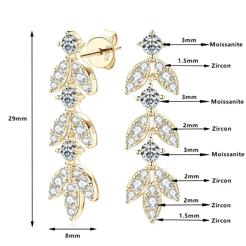 Boucles d'oreilles pendantes en argent sterling 925 et moissanite en forme de feuille pour femmes, hypoallergéniques, cadeau