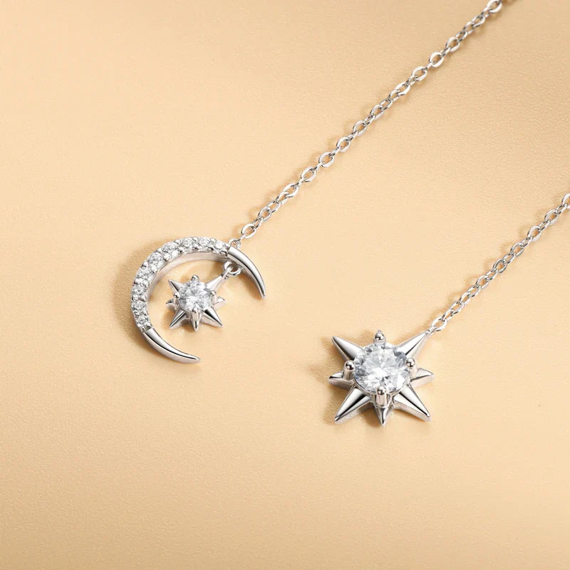 Boucles d'oreilles pendantes asymétriques étoile et lune en argent sterling 925 et moissanite