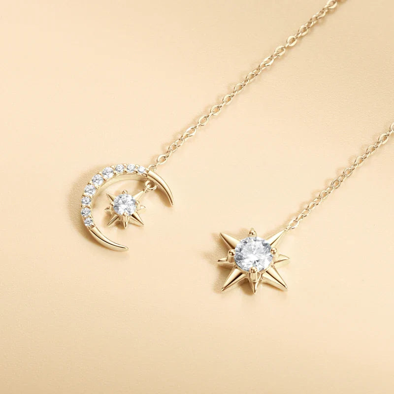 Boucles d'oreilles pendantes asymétriques étoile et lune en argent sterling 925 et moissanite
