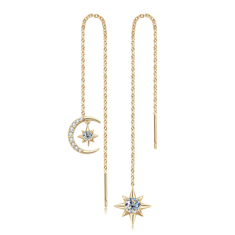 Boucles d'oreilles pendantes asymétriques étoile et lune en argent sterling 925 et moissanite
