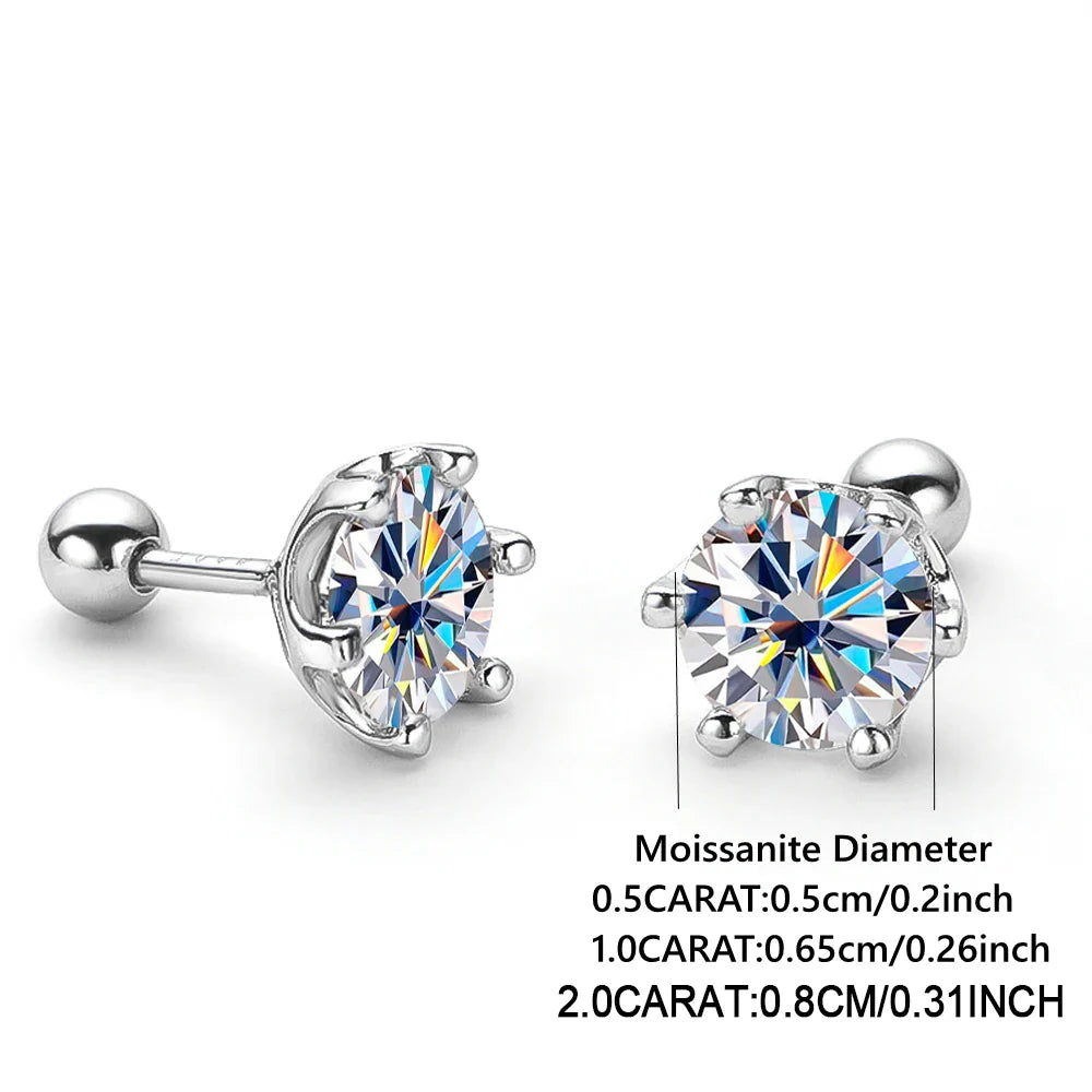 Boucles d'oreilles clous en argent sterling 925 avec moissanite 0,5-1 carat la paire, monture à 6 griffes et fermoir à vis