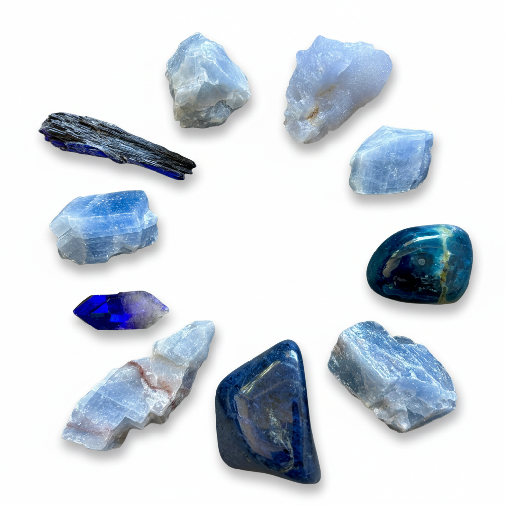 Hals-Chakra-Set aus 10 blauen Apatit-, Calcit-, Kyanit- und Quarzsteinen