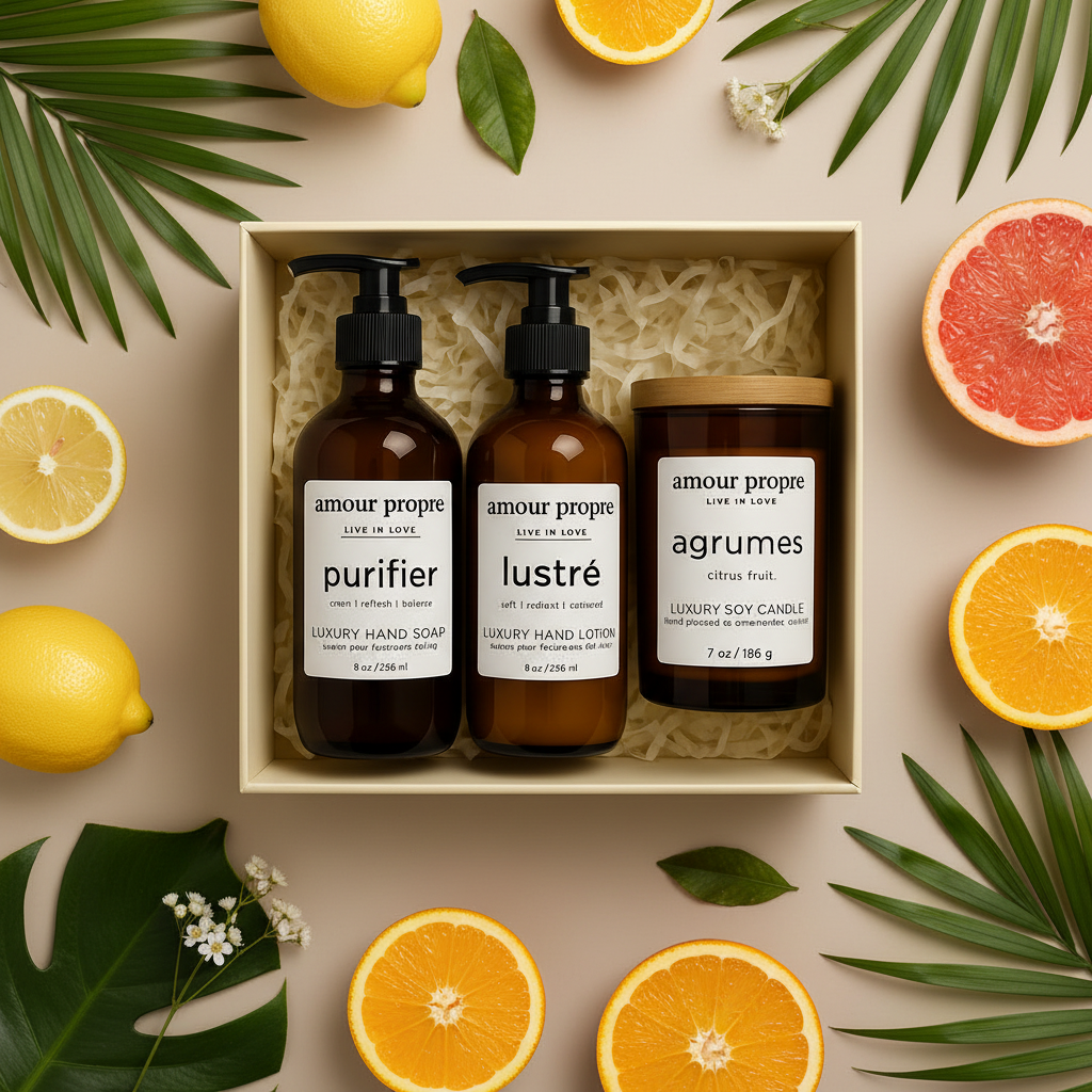 Amour Propre® LUX COLLECTION - Zitrus-Rosmarin Handseife, Handlotion, Sojakerze