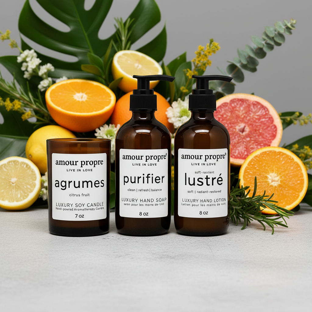 Amour Propre® LUX COLLECTION - Zitrus-Rosmarin Handseife, Handlotion, Sojakerze