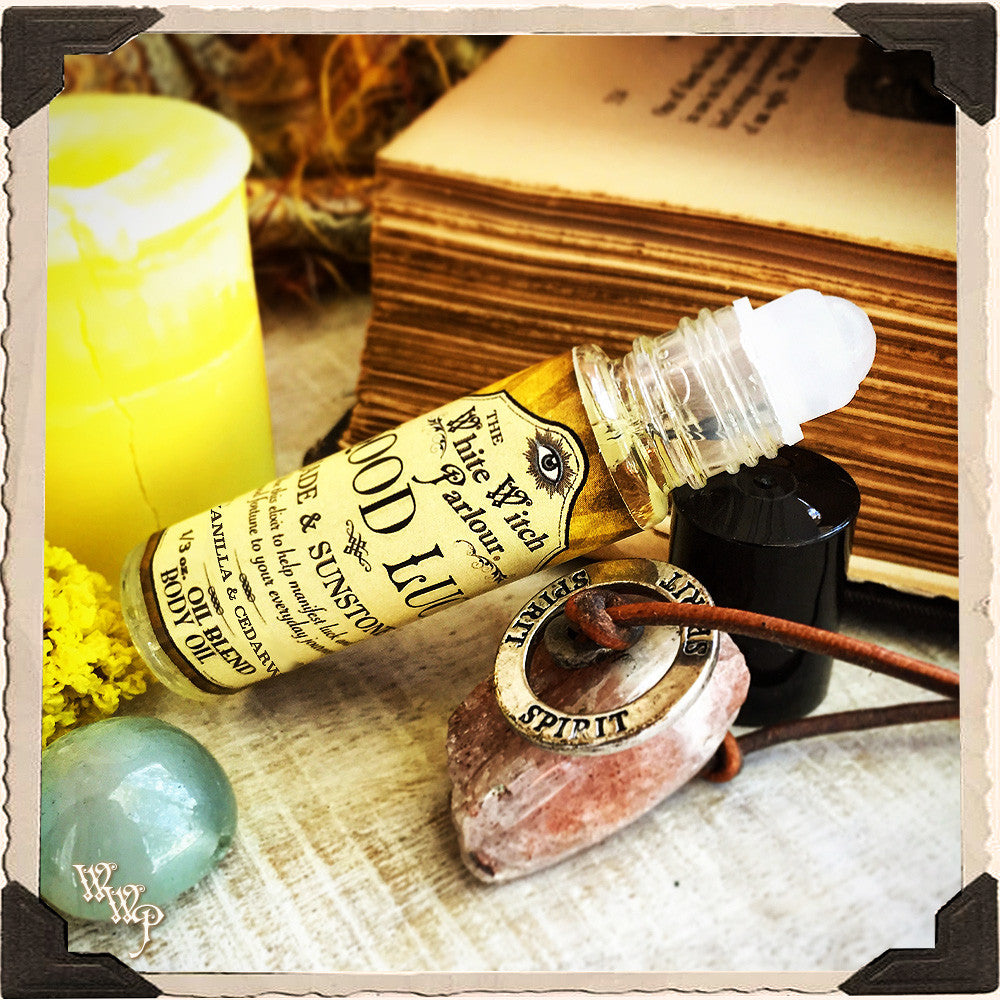 GOOD LUCK Elixir KÖRPERÖL Roll-on. Duft von Vanille, Zedernholz. Gesegnet mit Sonnenstein, Jade Kristallen.