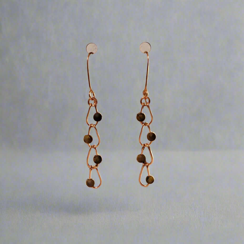 Tiger’s Eye Copper Chain Earrings – Handmade Gemstone Dangle 2.75"