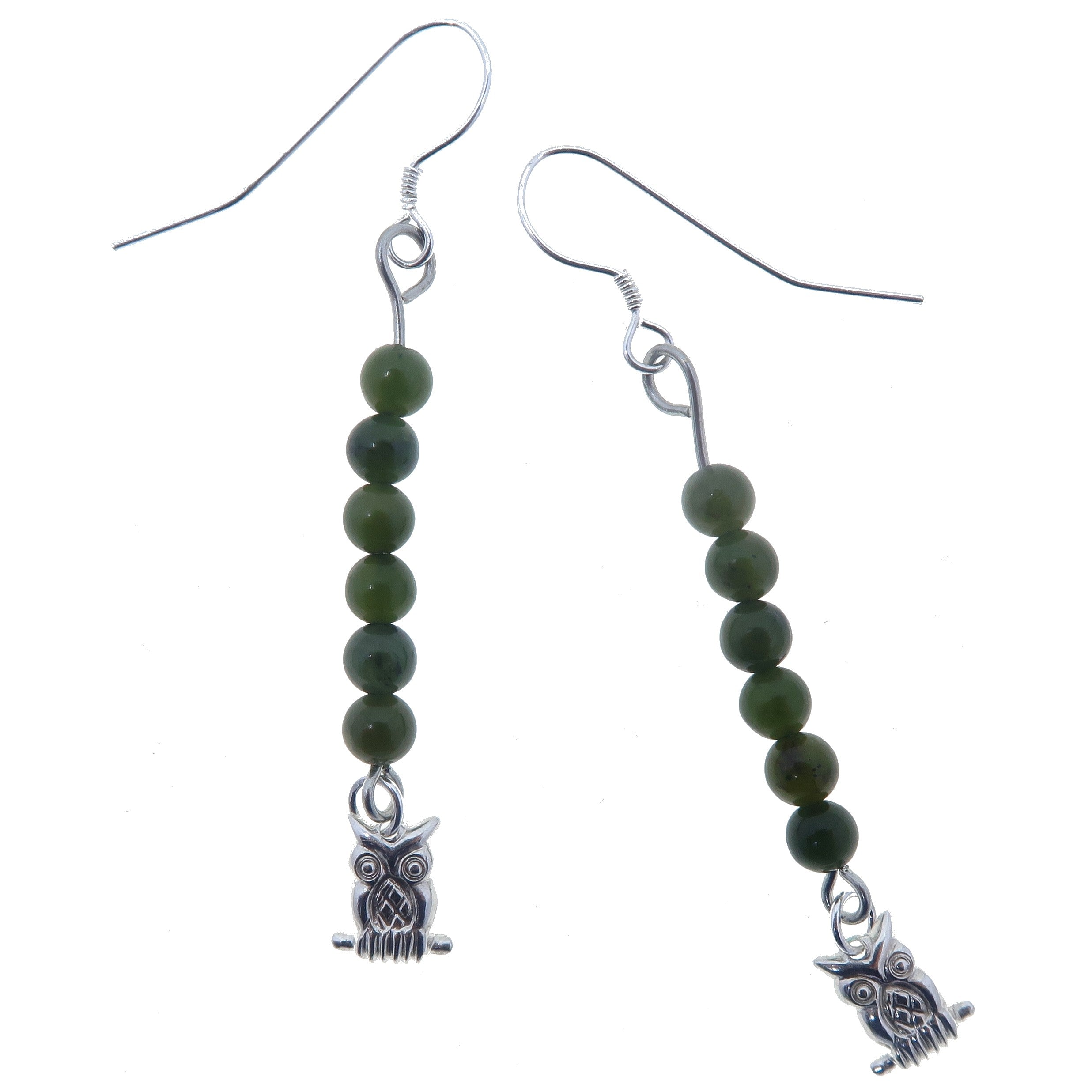 Jade Earrings Wise Owl in Green Nephrite Forest Sterling