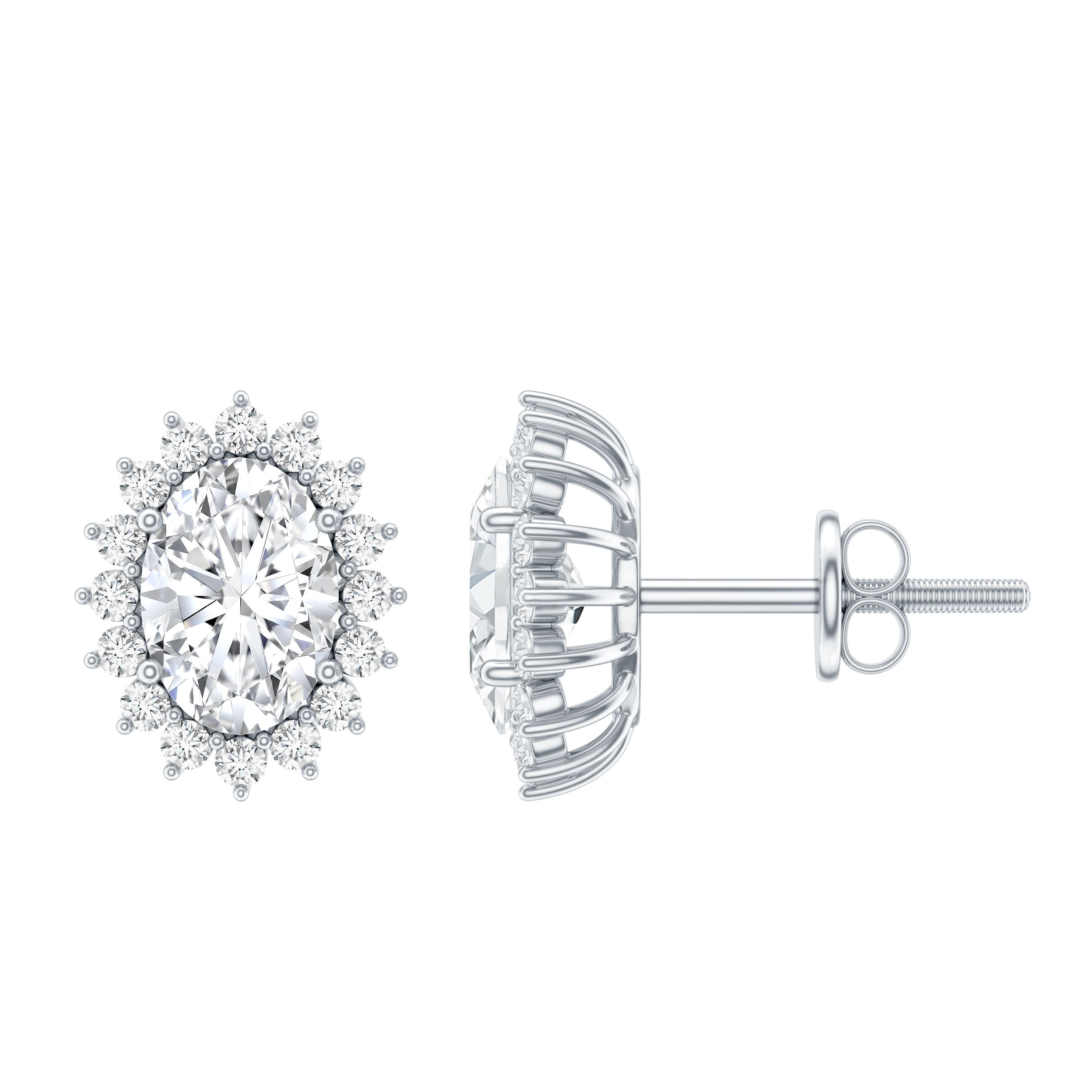 2 Carat Oval Moissanite Halo Stud Earrings In Sterling Silver