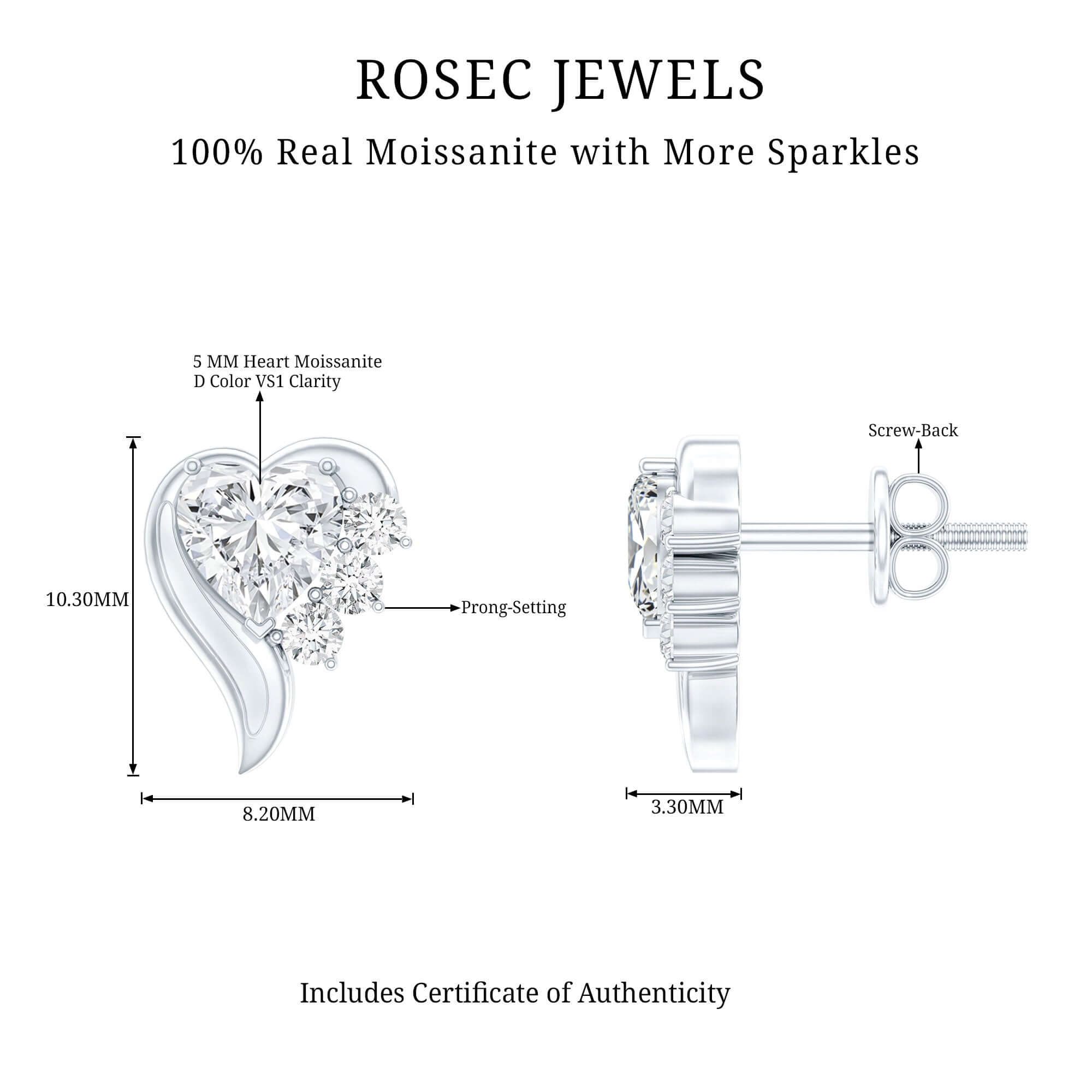 1 Carat Moissanite Heart Stud Earrings in Sterling Silver