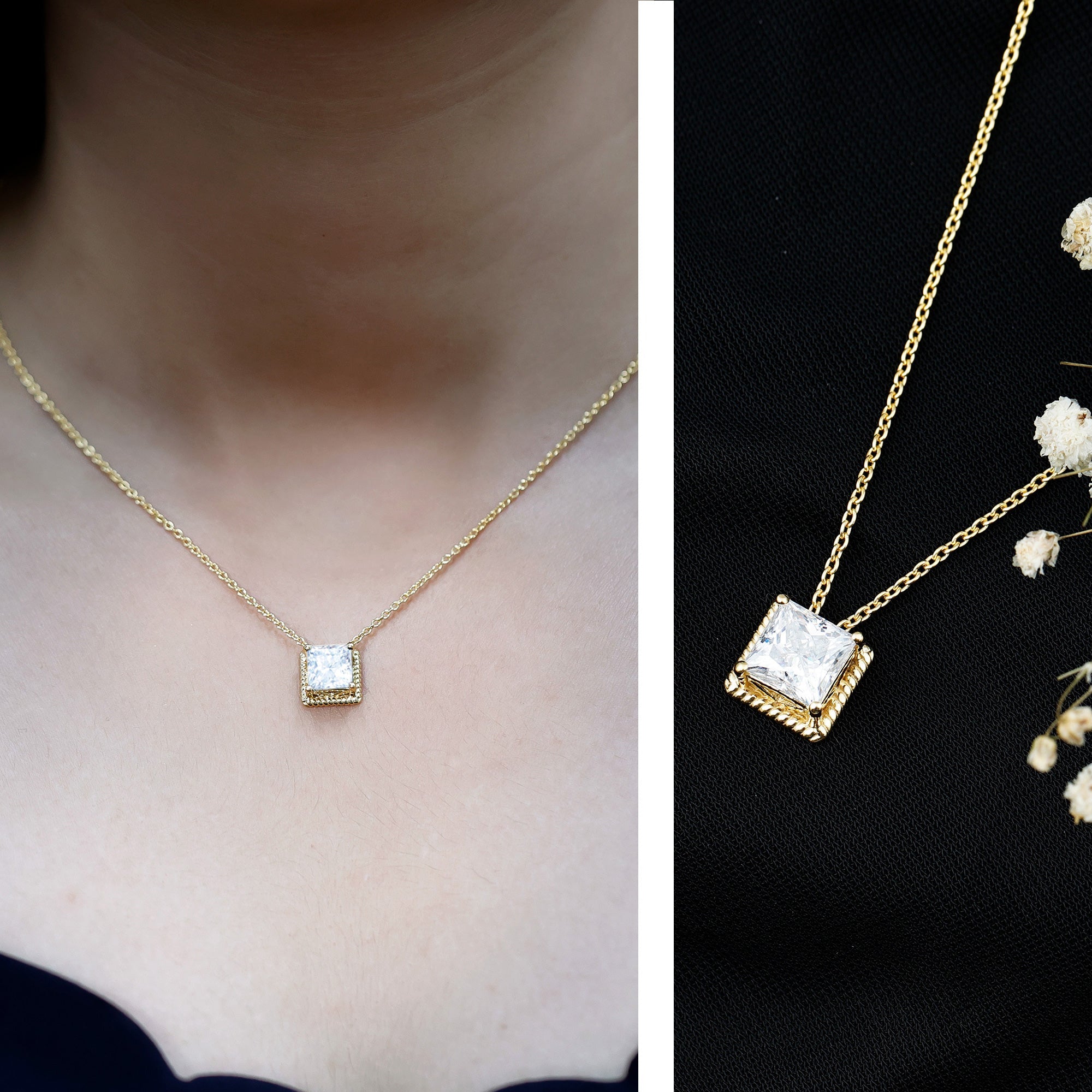 2 Carat Princess Cut Moissanite Solitaire Necklace with Rope Frame