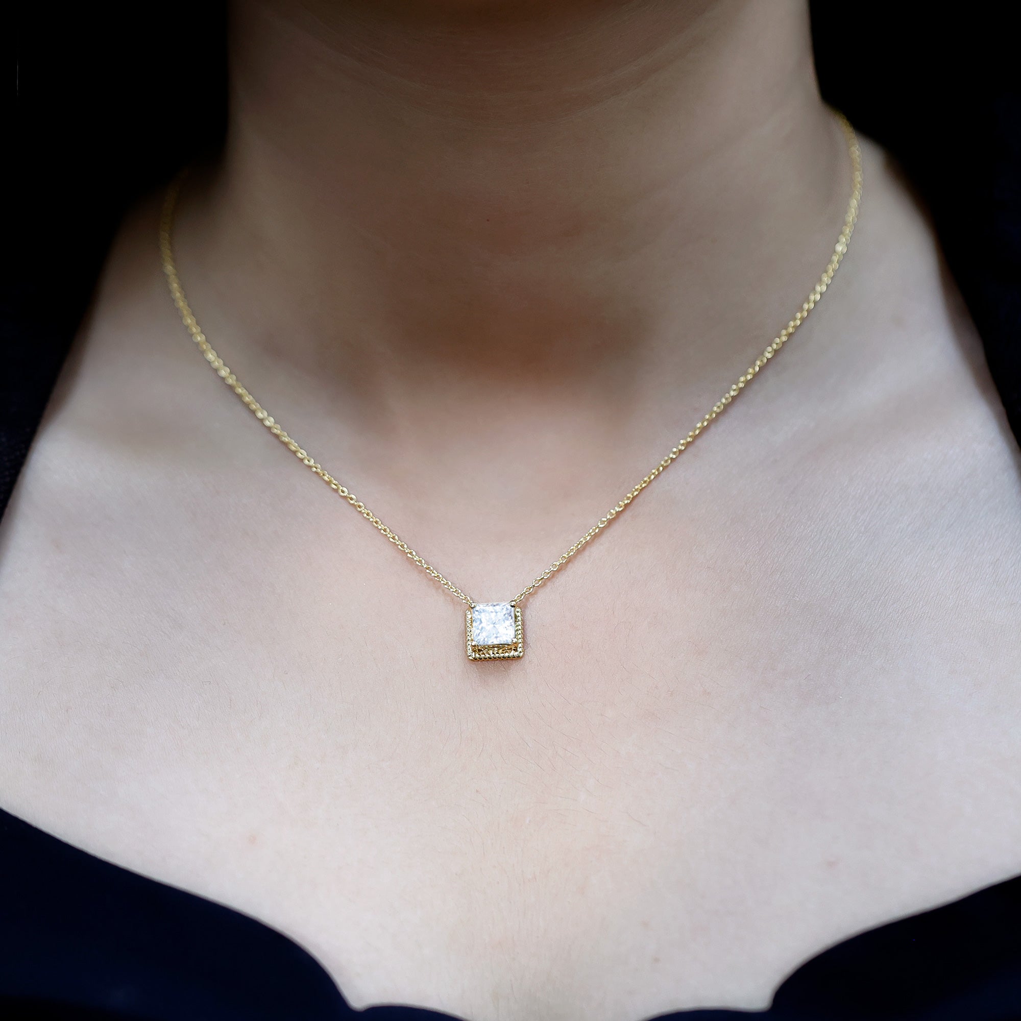2 Carat Princess Cut Moissanite Solitaire Necklace with Rope Frame