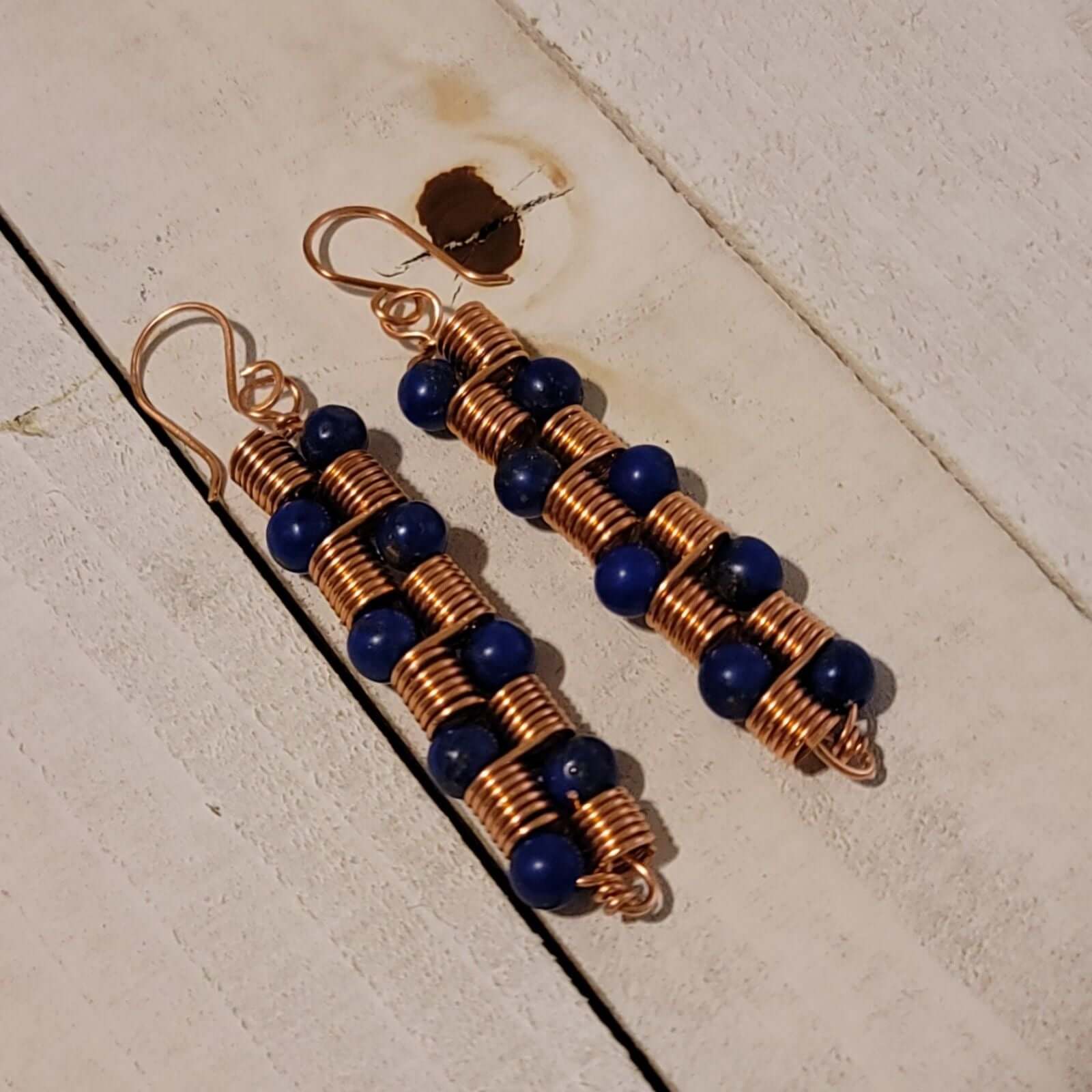 Handmade Copper Coil Bead Earrings – Artisan Dangle Jewelry with Blue Beads