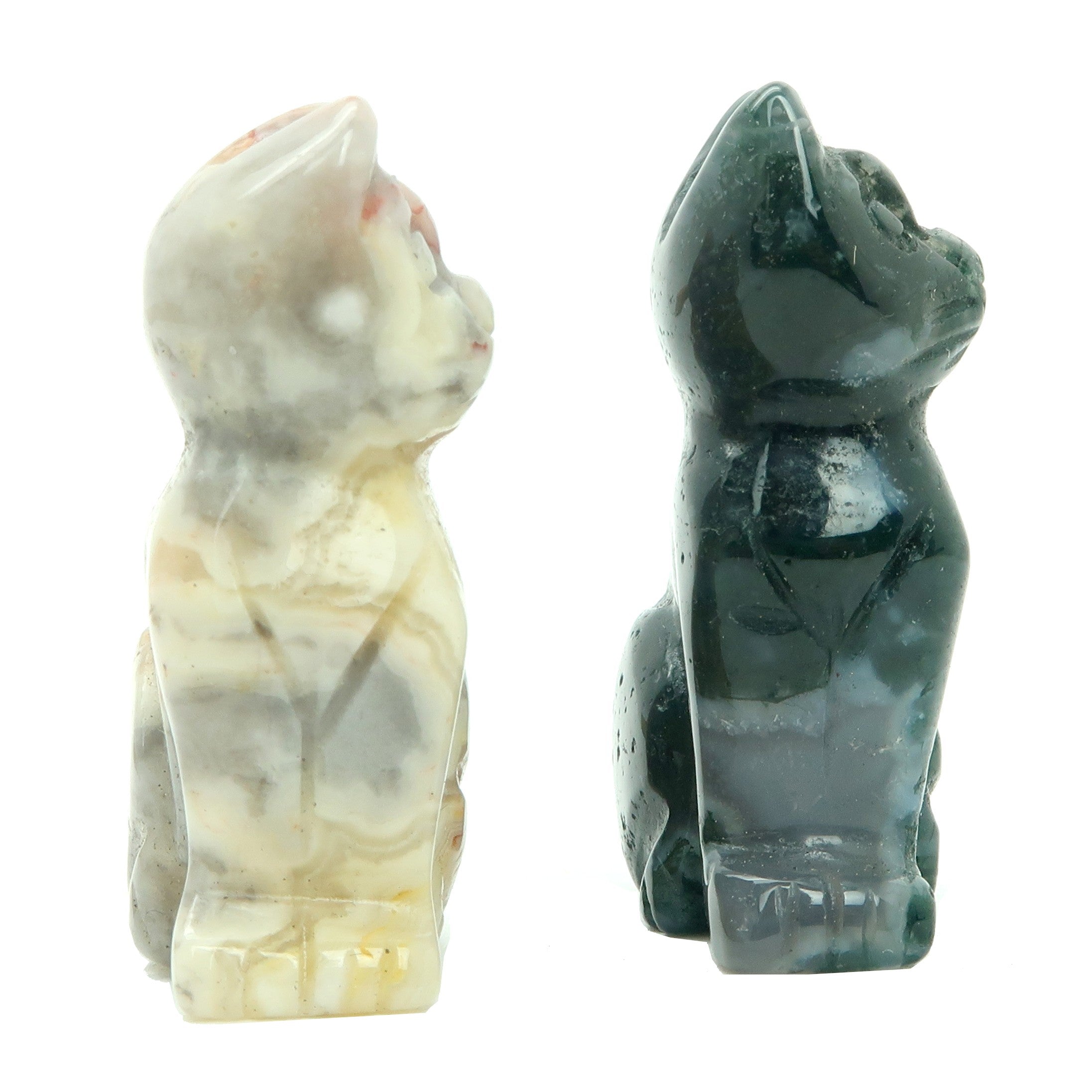 Chat Sert Dentelle Folle & Agate Mousse Verte Paire Pierre Animal Spirituel