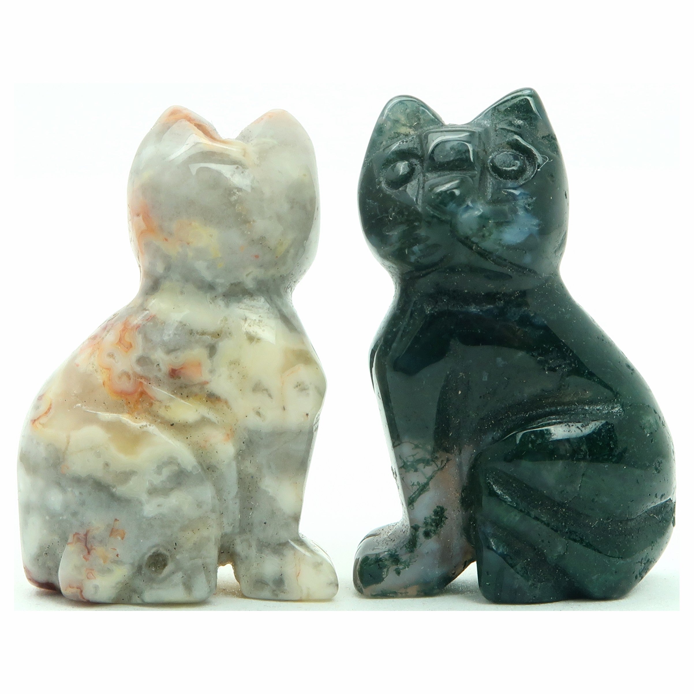 Chat Sert Dentelle Folle & Agate Mousse Verte Paire Pierre Animal Spirituel