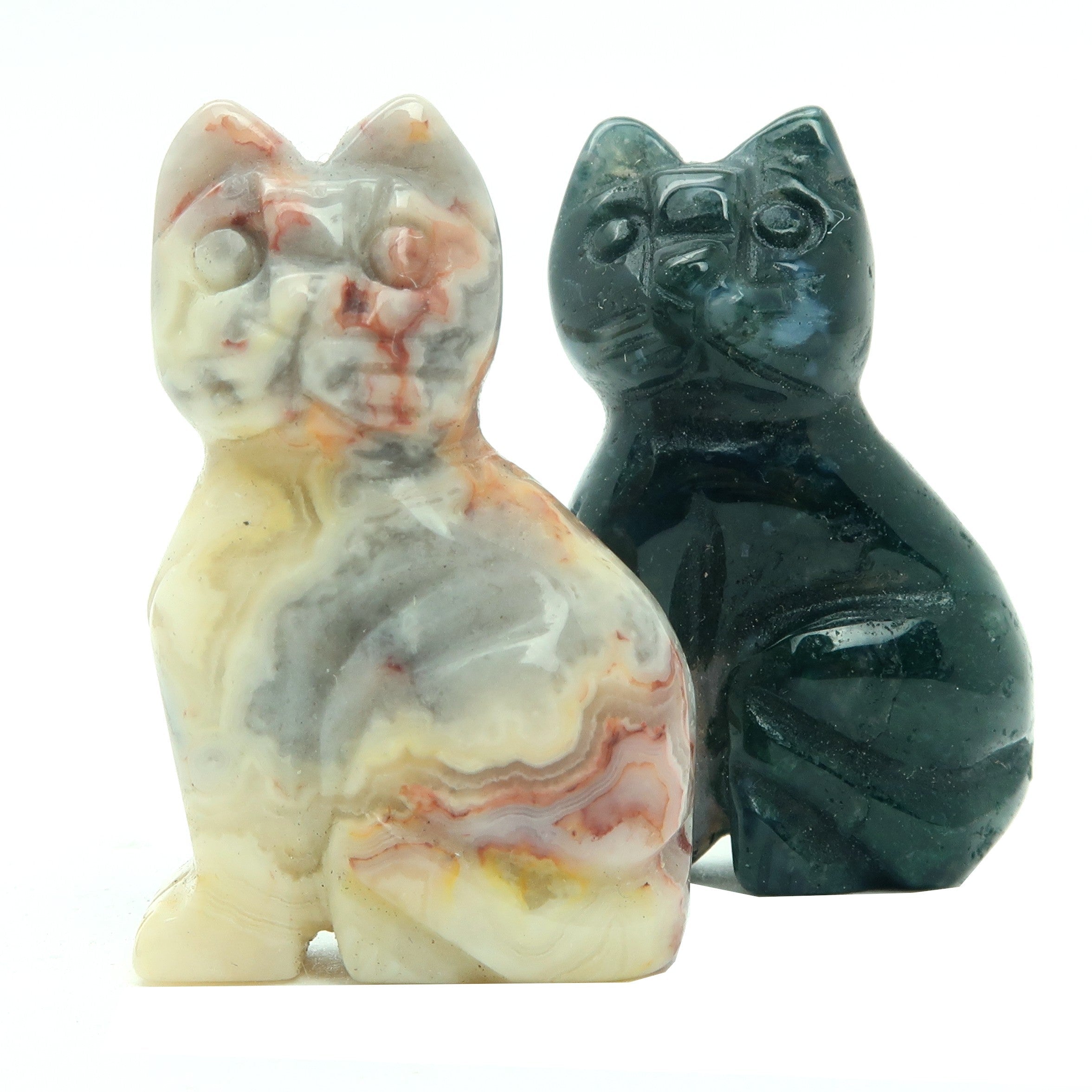Chat Sert Dentelle Folle & Agate Mousse Verte Paire Pierre Animal Spirituel
