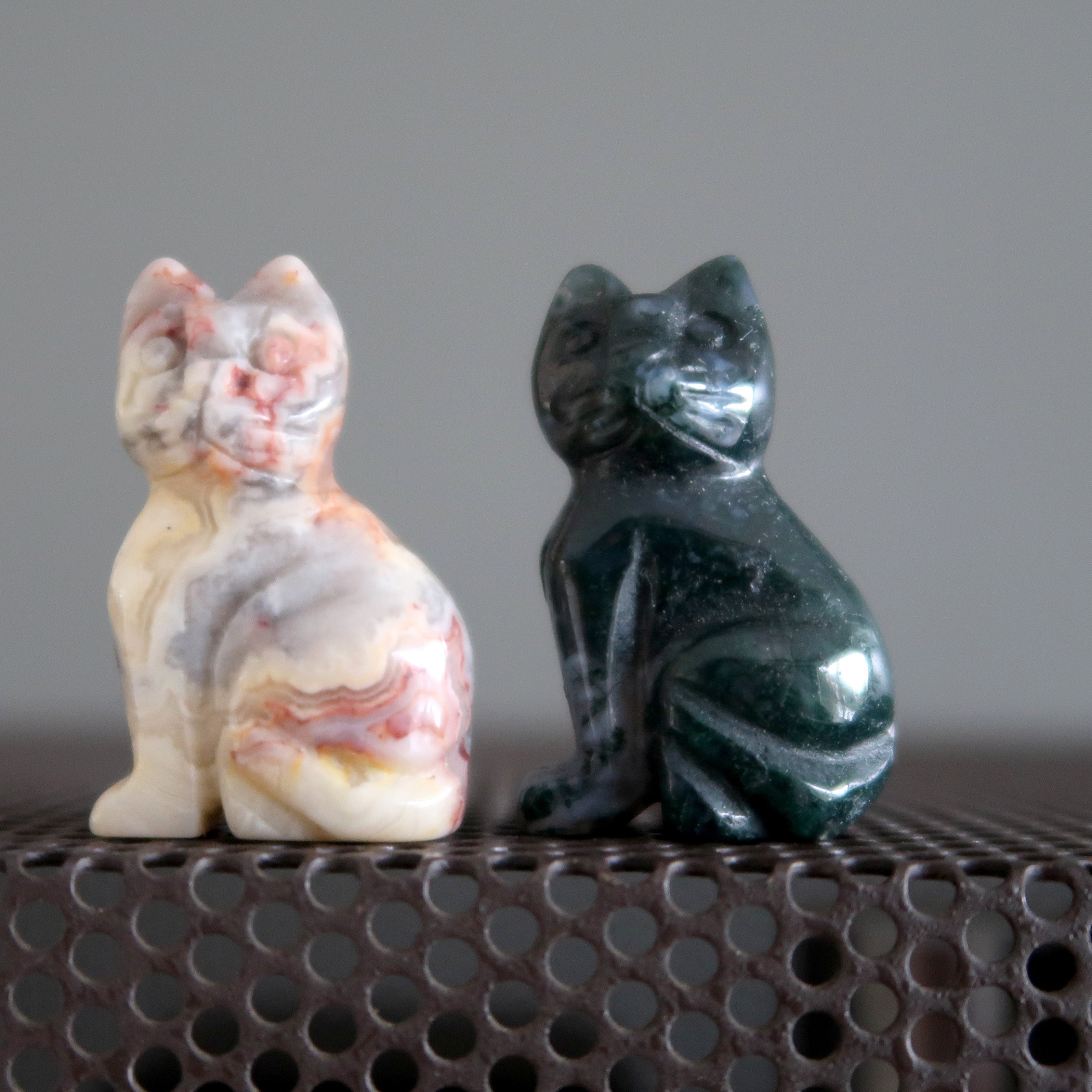 Chat Sert Dentelle Folle & Agate Mousse Verte Paire Pierre Animal Spirituel