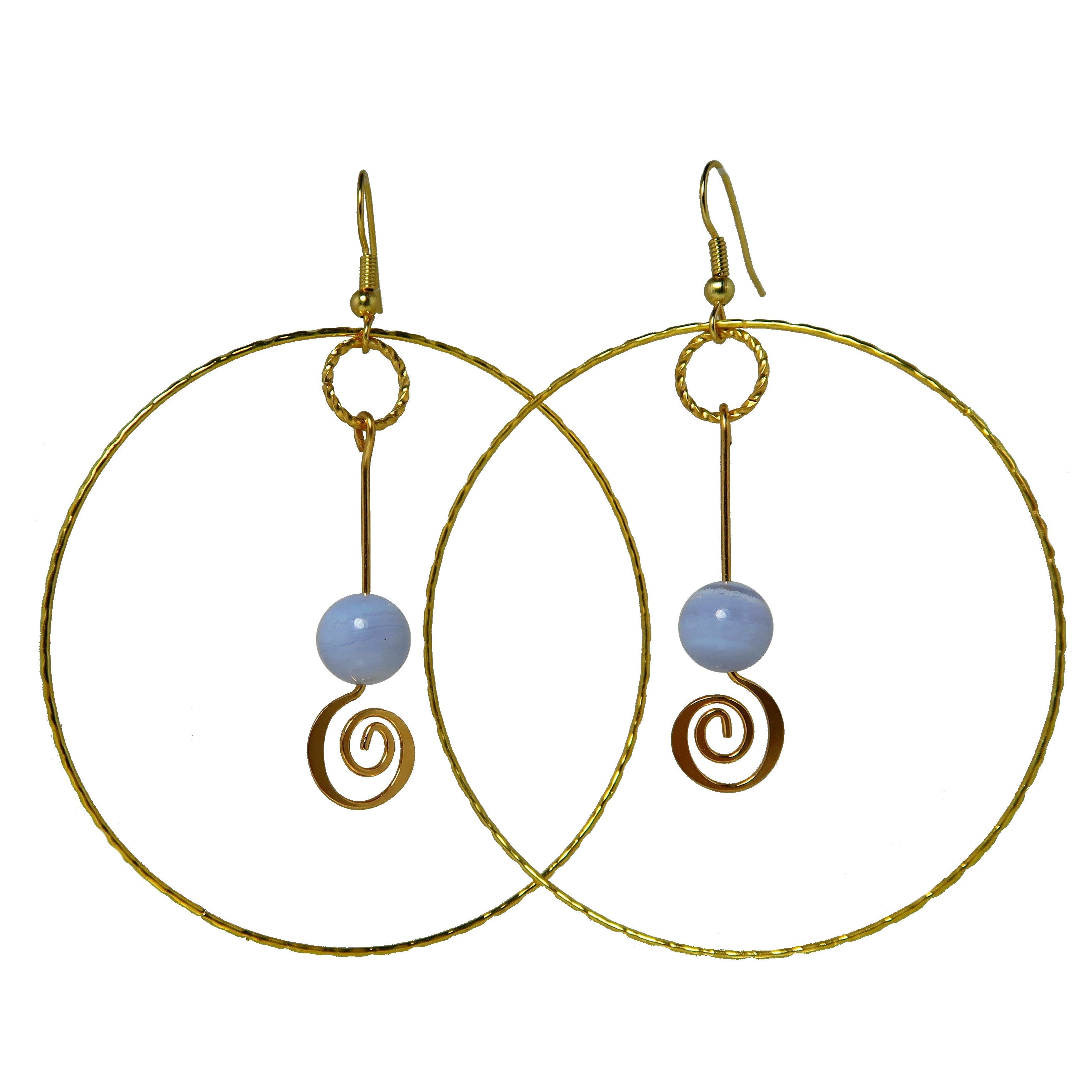 Boucles d'oreilles créoles Agate bleue dentelle Sérénité Or