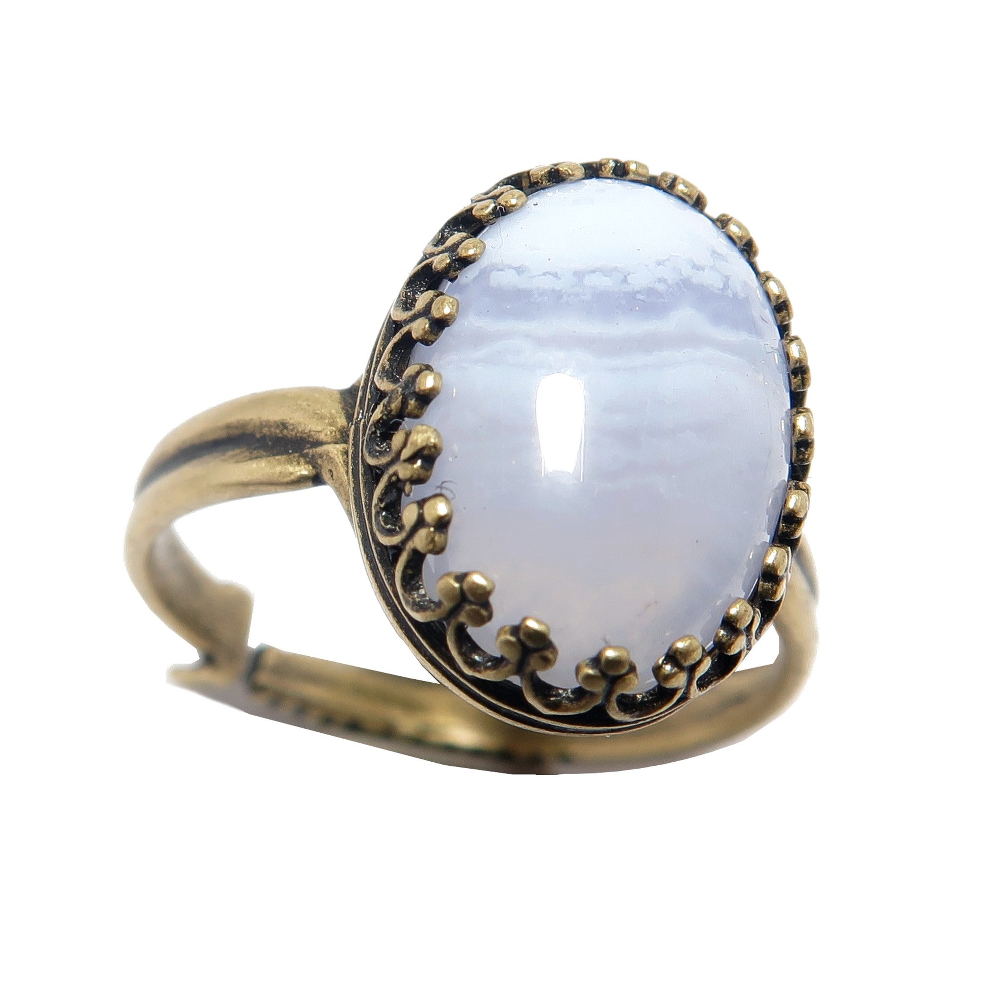 Blauer Spitzenachat-Ring, Zen, Antikmessing, verstellbar
