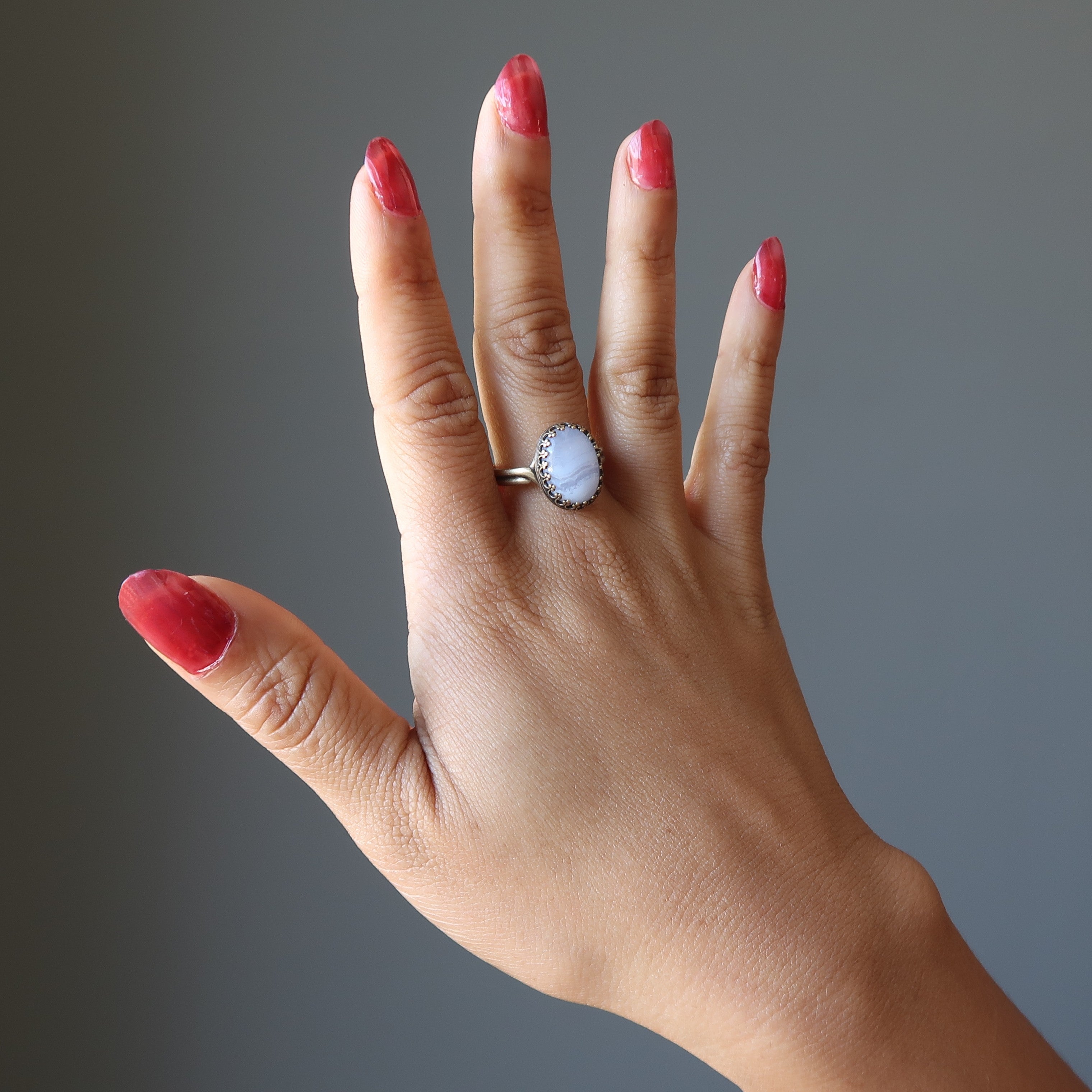 Blauer Spitzenachat-Ring, Zen, Antikmessing, verstellbar