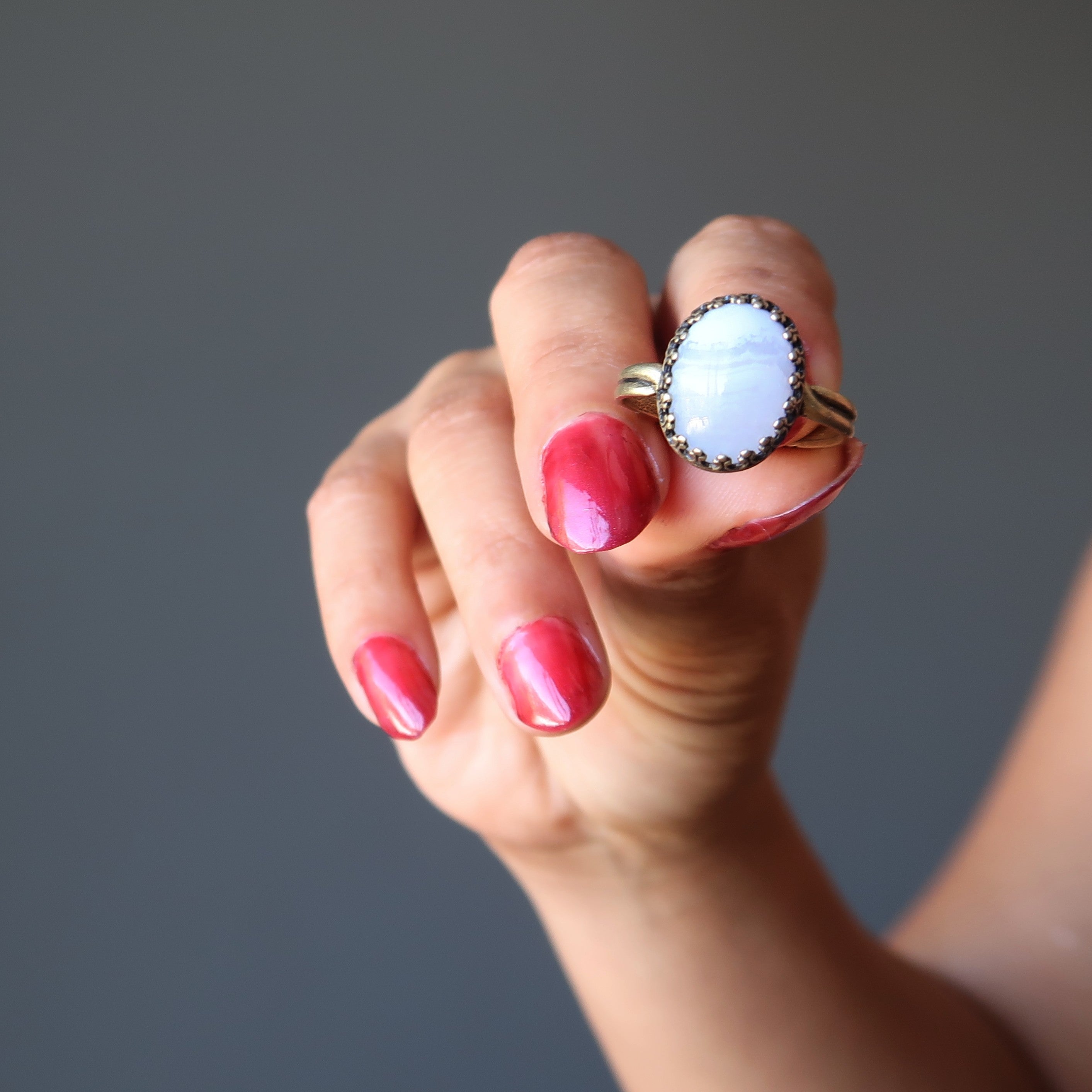 Blauer Spitzenachat-Ring, Zen, Antikmessing, verstellbar