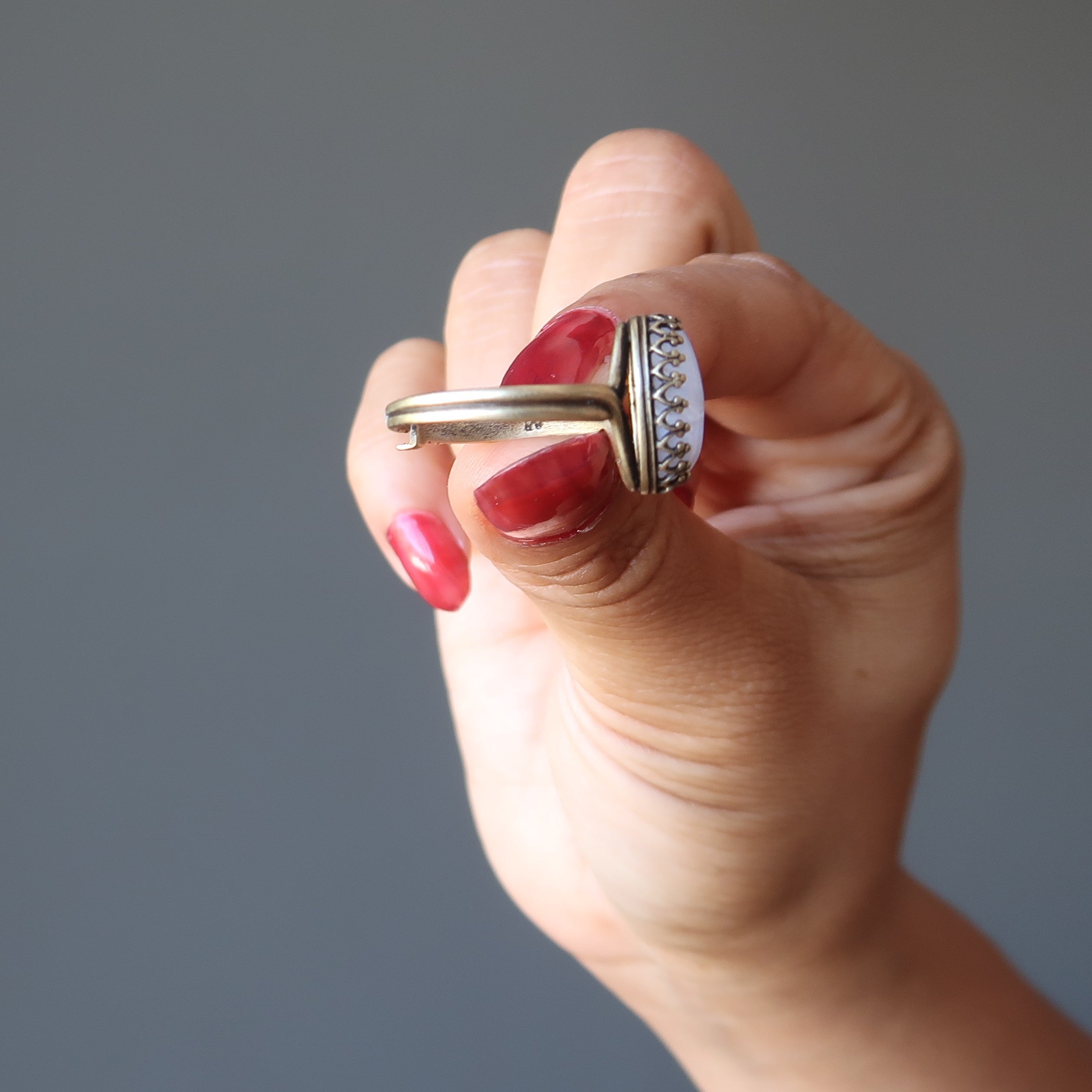 Blauer Spitzenachat-Ring, Zen, Antikmessing, verstellbar