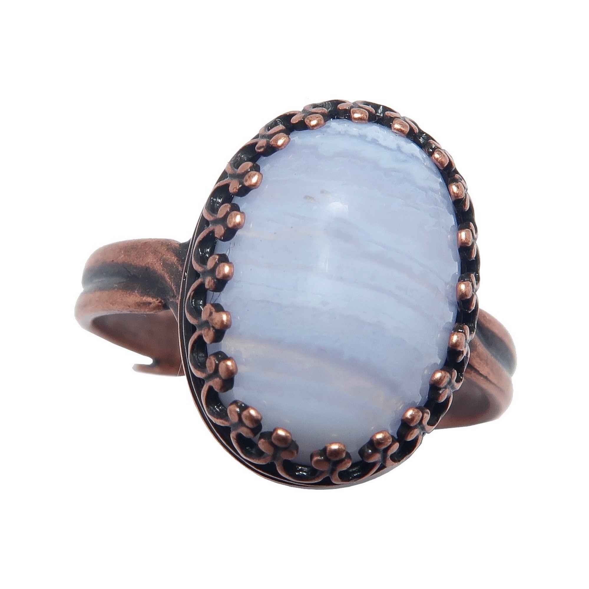 Bague Agate Blue Lace Calme Cuivre Ancien Ajustable
