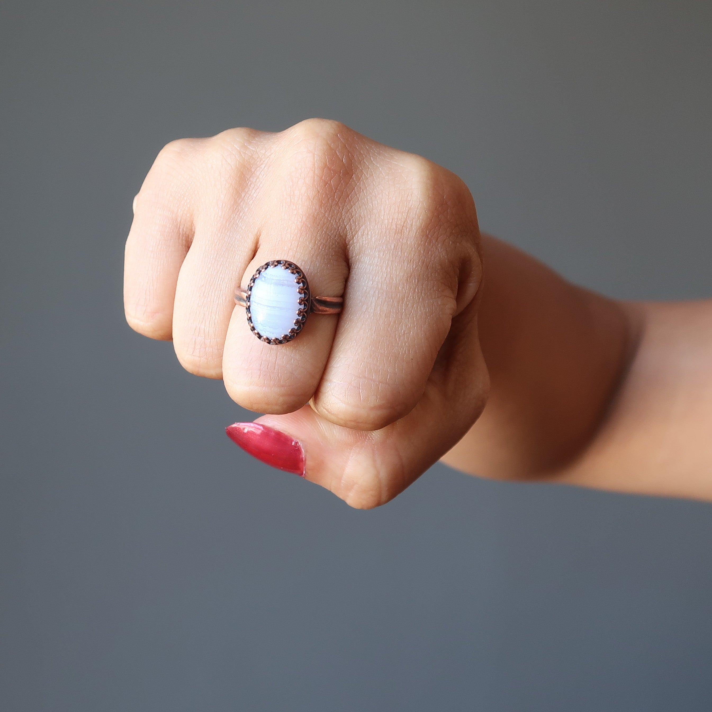 Bague Agate Blue Lace Calme Cuivre Ancien Ajustable
