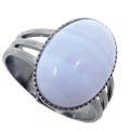 Bague en agate dentelle bleue, en métal canon de fusil, réglable