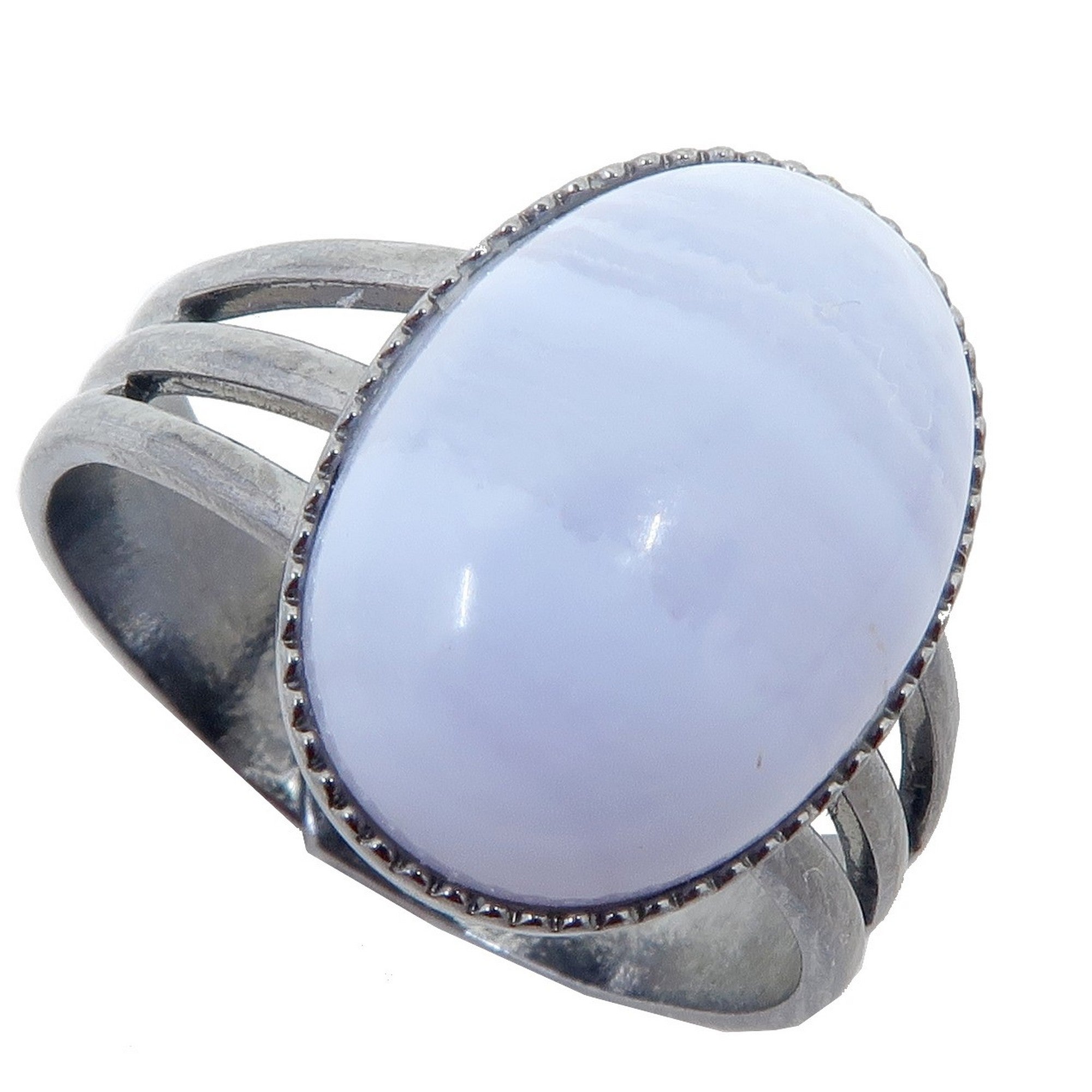 Bague en agate dentelle bleue, en métal canon de fusil, réglable
