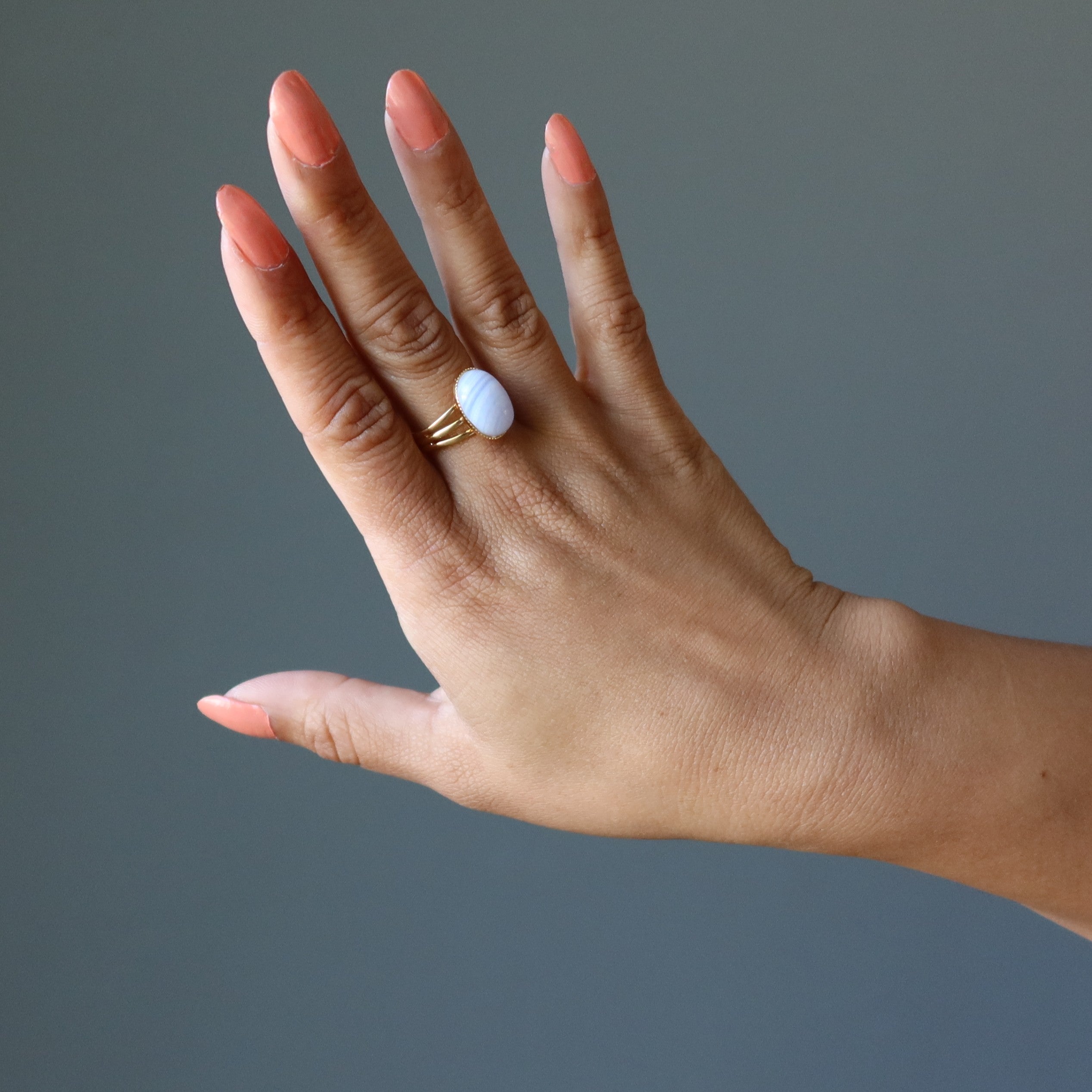Bague en agate dentelle bleue, cristal ciel, dorée, ajustable