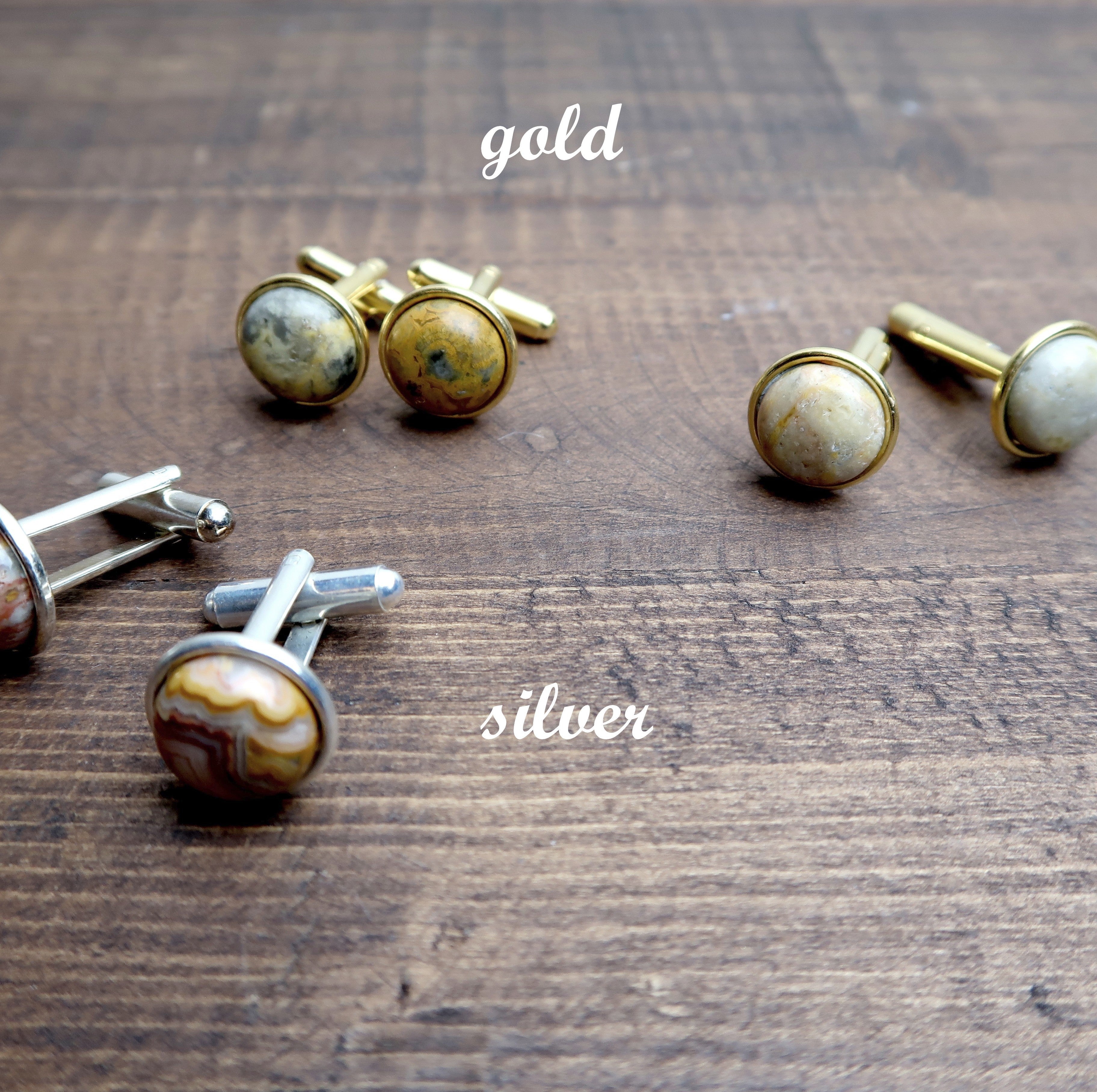 Boutons de manchette en agate Crazy Lace Jaune Extase Argent