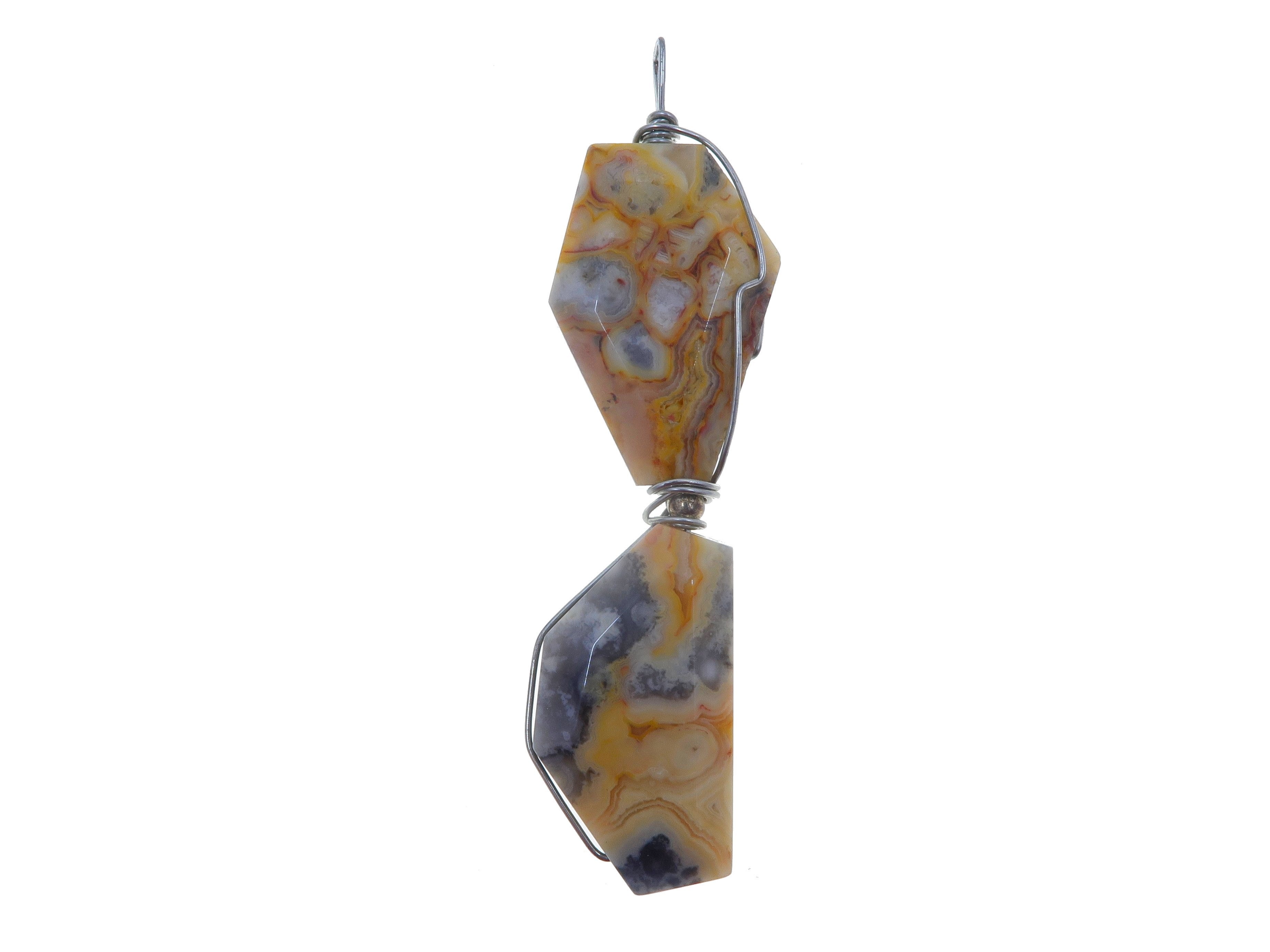 Agate Crazy Lace Pendant Yellow Stone Silver Wire Wrapped Long
