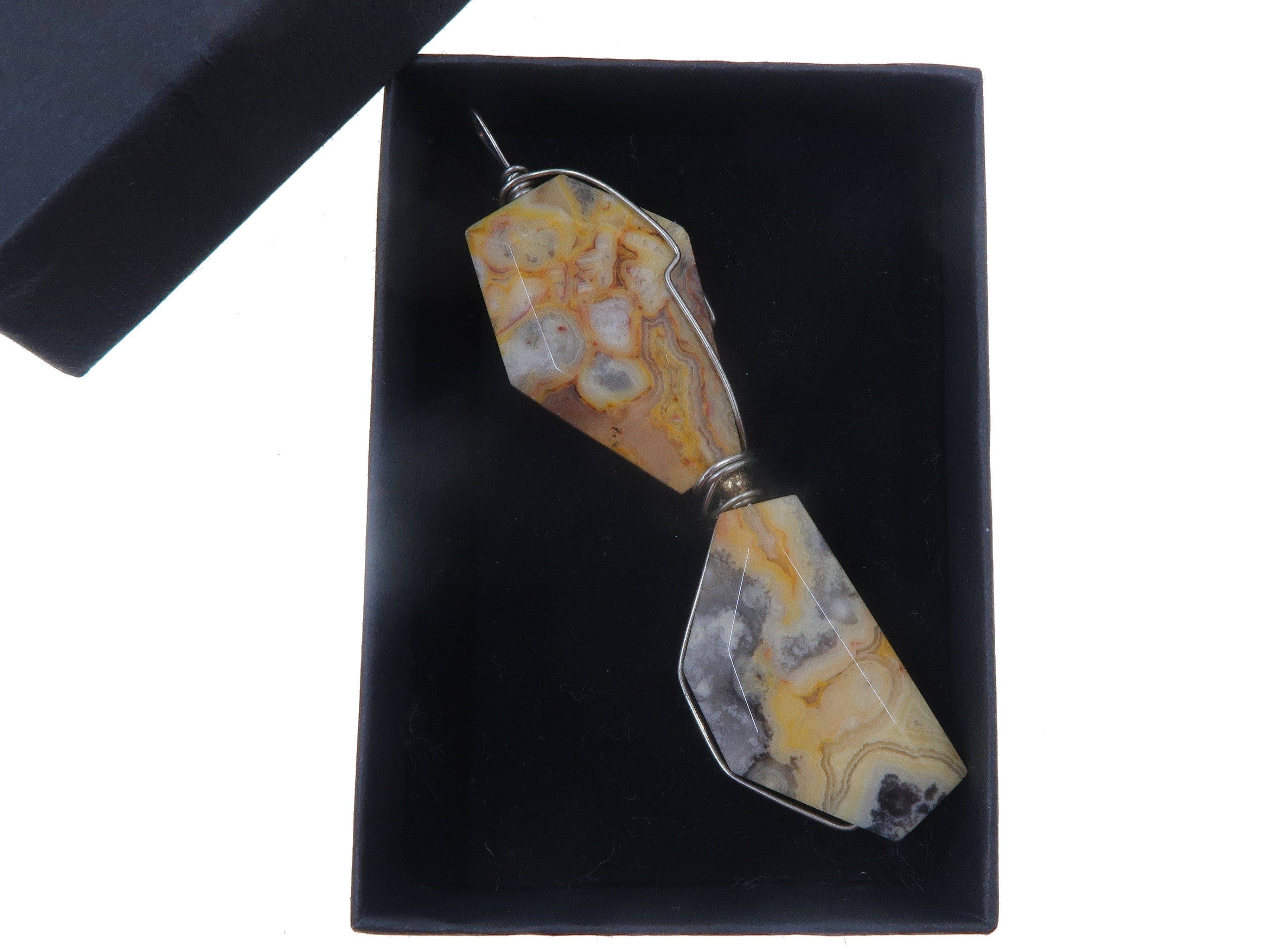 Agate Crazy Lace Pendant Yellow Stone Silver Wire Wrapped Long
