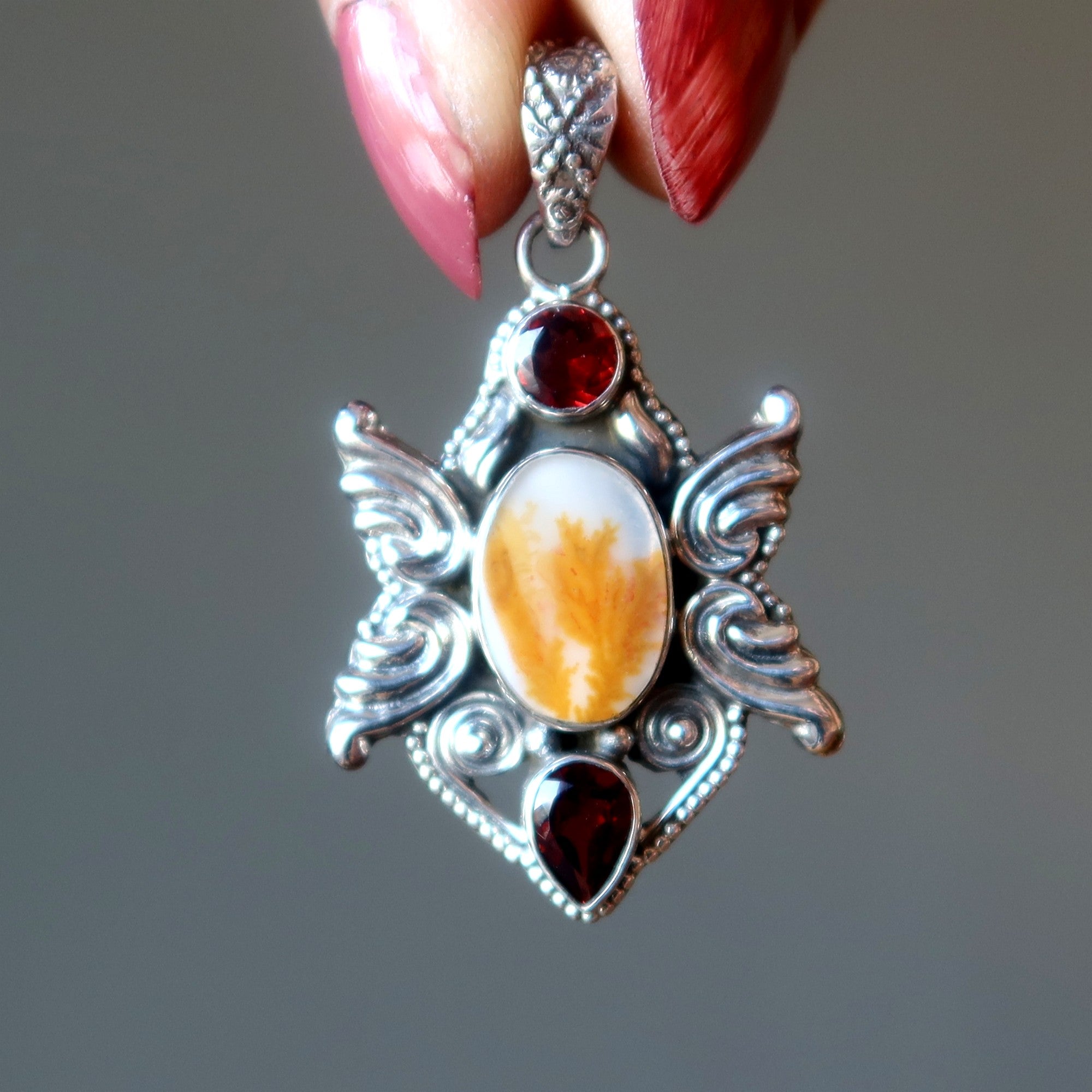 Pendentif Agate Dendritique Envole-toi plus haut Grenat Argent Sterling