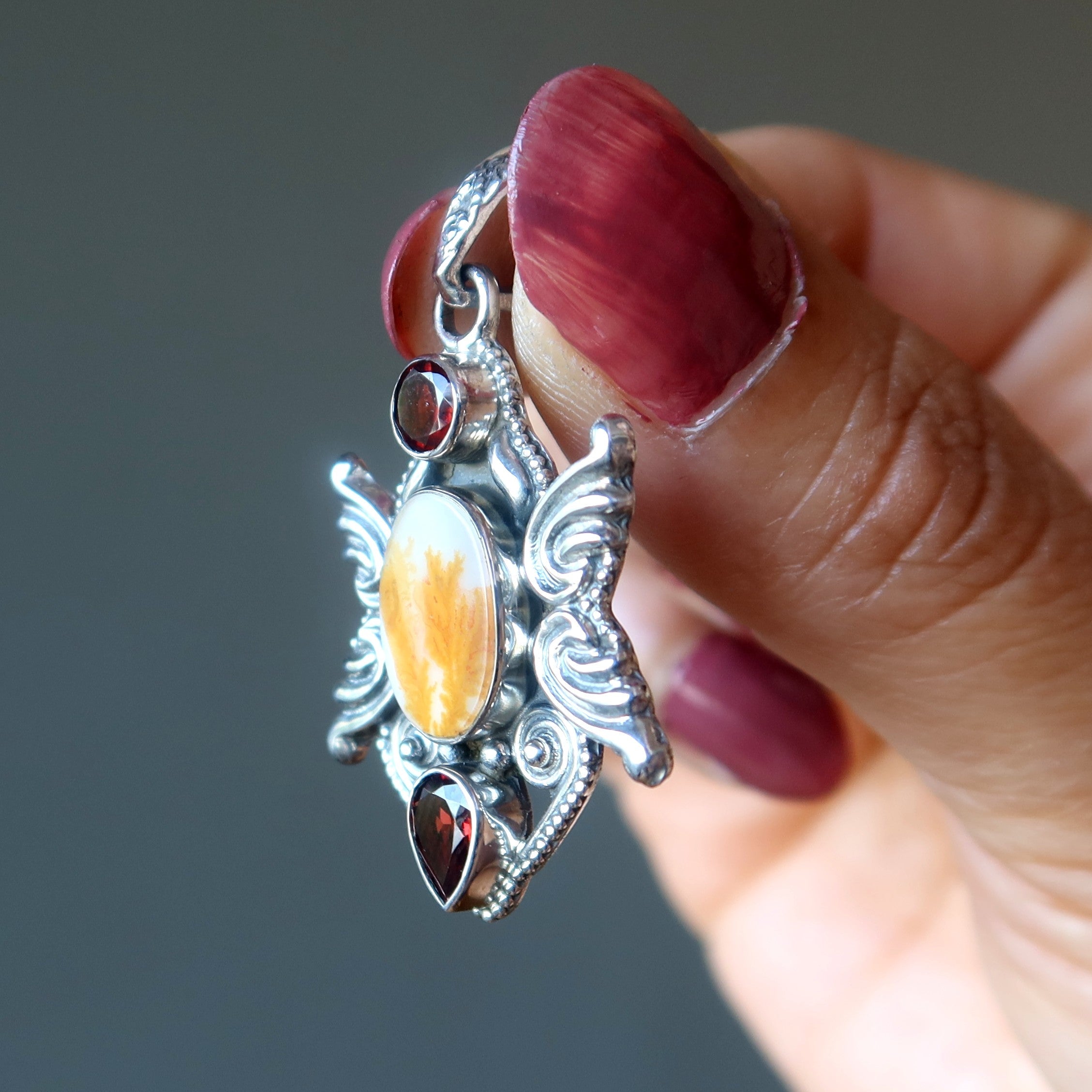 Pendentif Agate Dendritique Envole-toi plus haut Grenat Argent Sterling